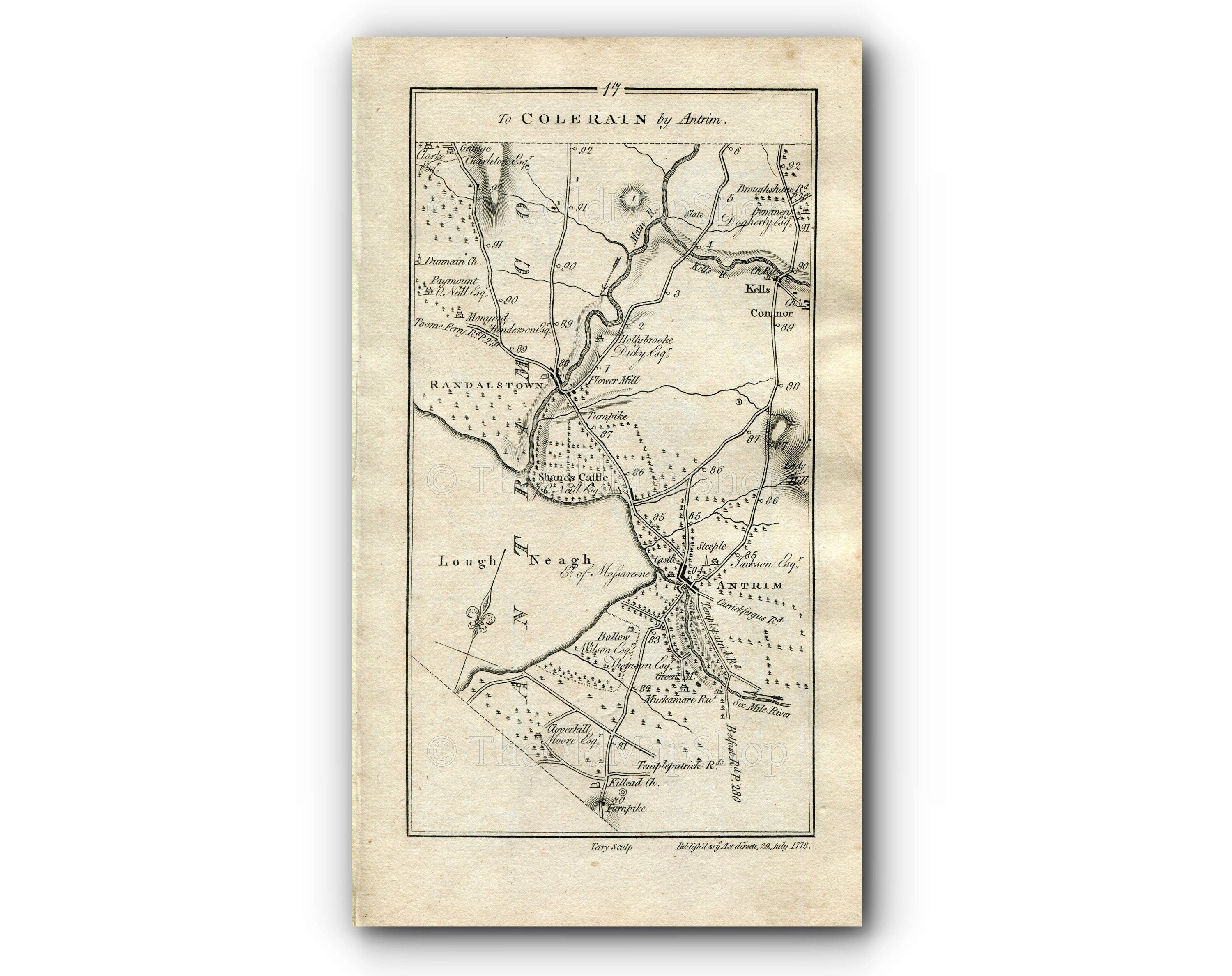 1778 Taylor & Skinner Antique Ireland Road Map 17/18 Antrim Randalstown Kells Connor Ballymena Galgorm Gracehill Ahoghill Portglenone Kilrea