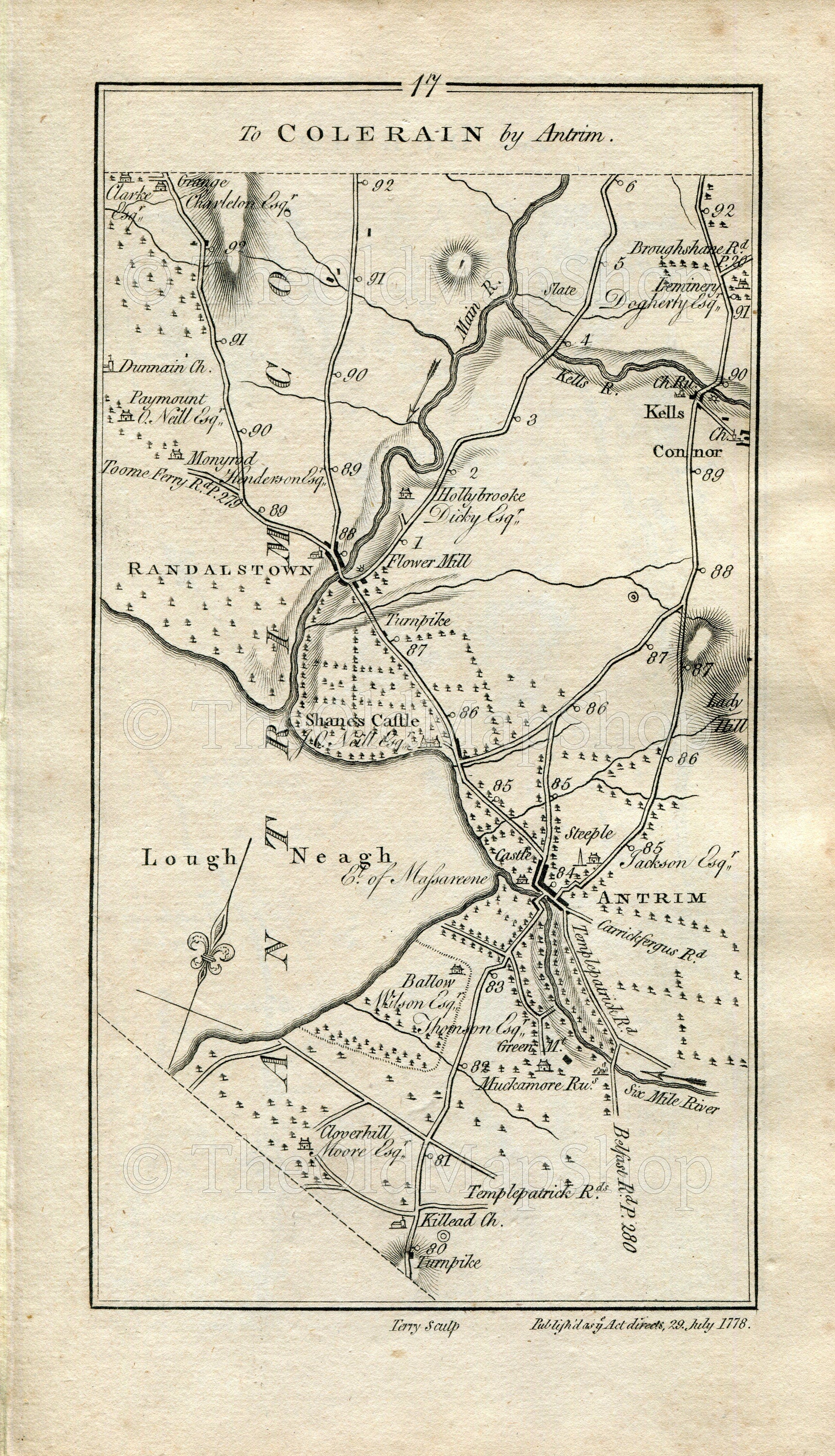 1778 Taylor & Skinner Antique Ireland Road Map 17/18 Antrim Randalstown Kells Connor Ballymena Galgorm Gracehill Ahoghill Portglenone Kilrea