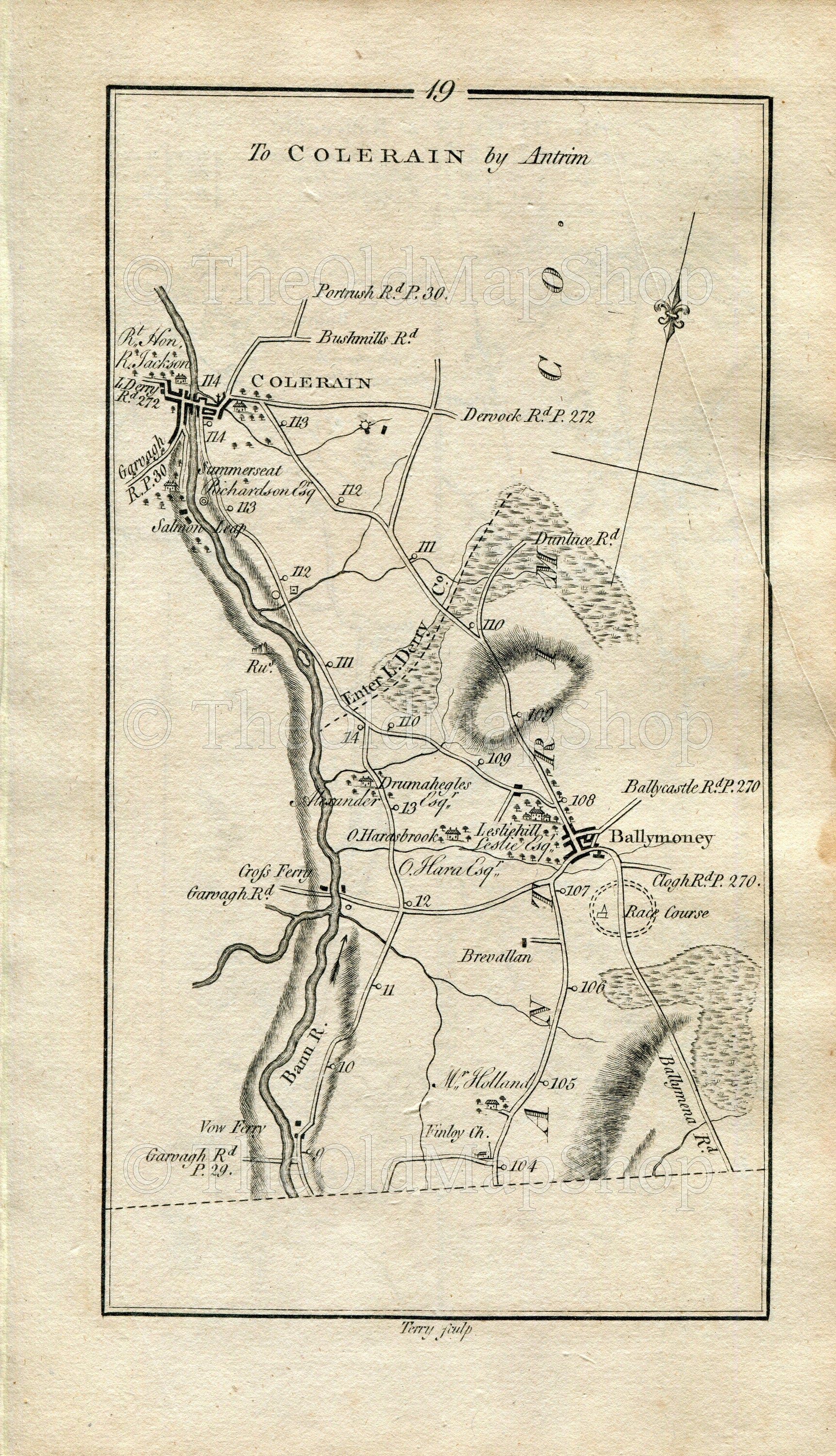 1778 Taylor & Skinner Antique Ireland Road Map 19/20 Ballymoney Coleraine Ballymena Ballygarvey Broughshane Clough Corkey Ballycastle Antrim