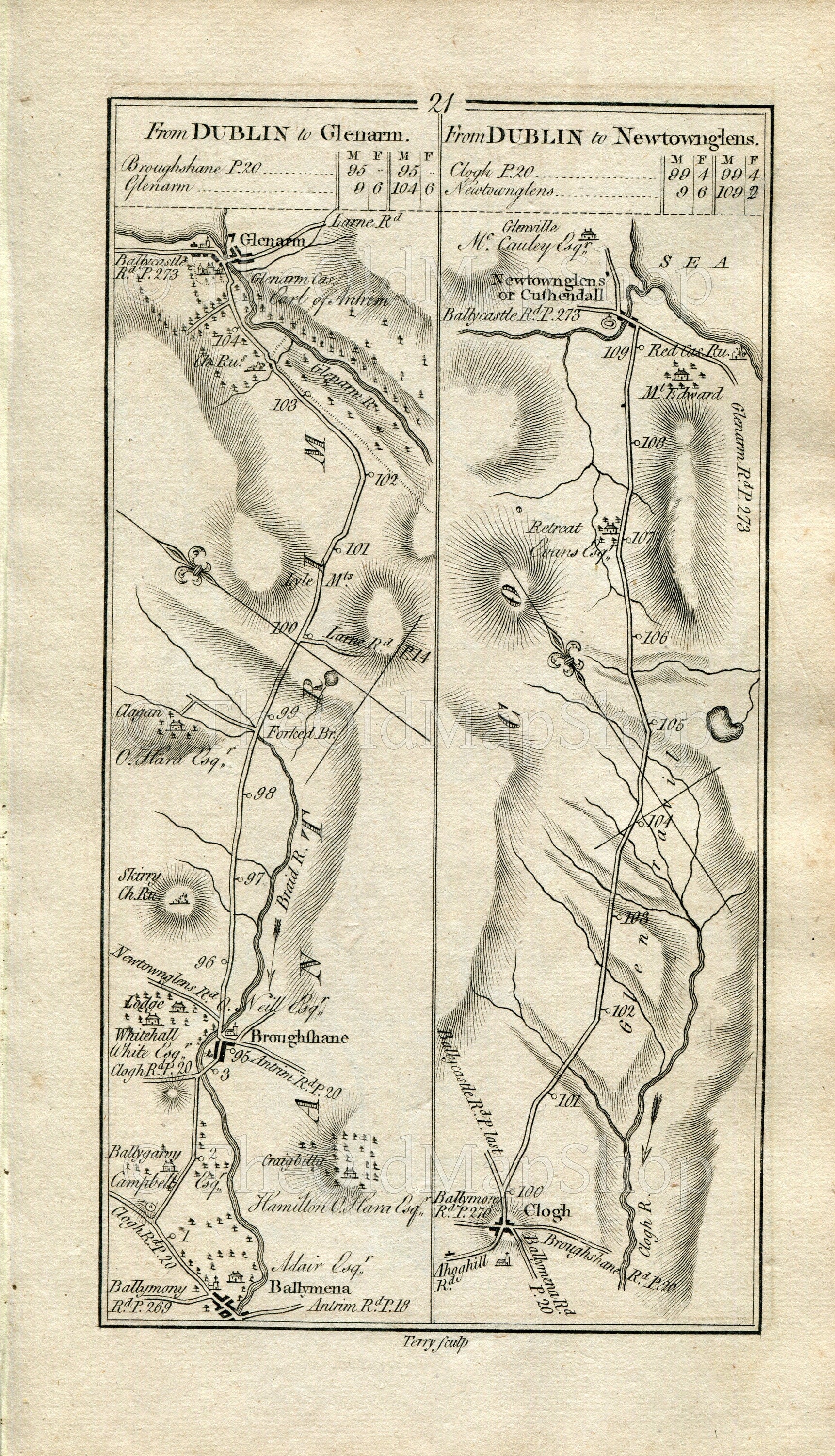 1778 Taylor & Skinner Antique Ireland Road Map 21/22 Glenarm Clough Cushendall Armagh Newry Loughgilly Markethill Poyntzpass Acton Scarva