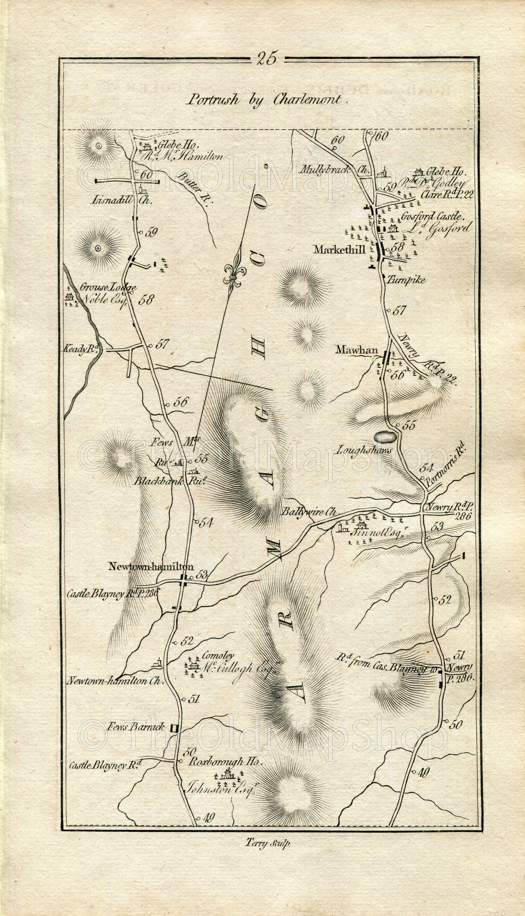 1778 Taylor & Skinner Antique Ireland Road Map 25/26 Mowhan Markethill Lisnadill Armagh Loughgall Blackwatertown Charlemont Moy Dungannon