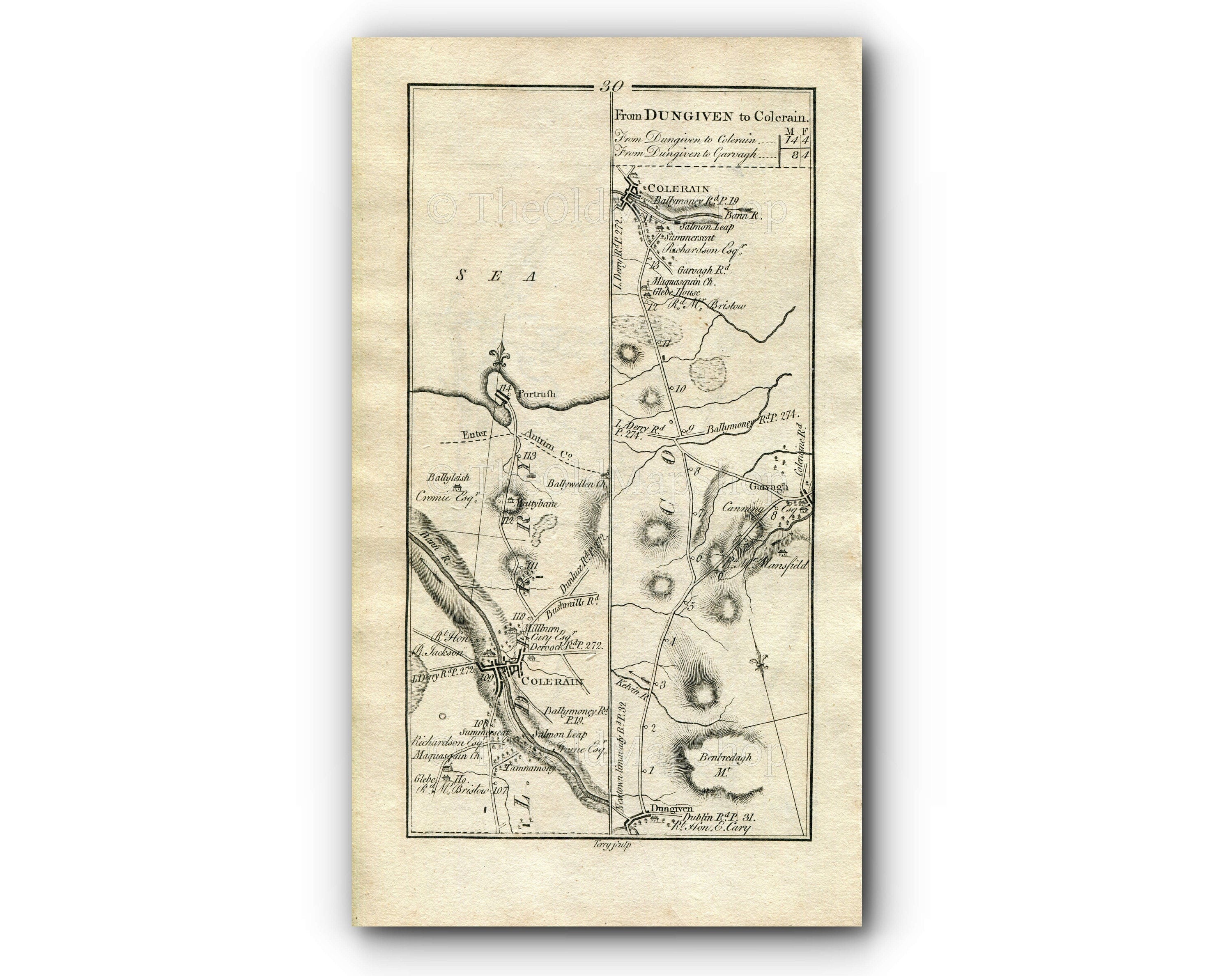 1778 Taylor & Skinner Antique Ireland Road Map 29/30 Swatragh Garvagh Kilrea Aghadowey Agivey Coleraine Portrush Dungiven County Londonderry