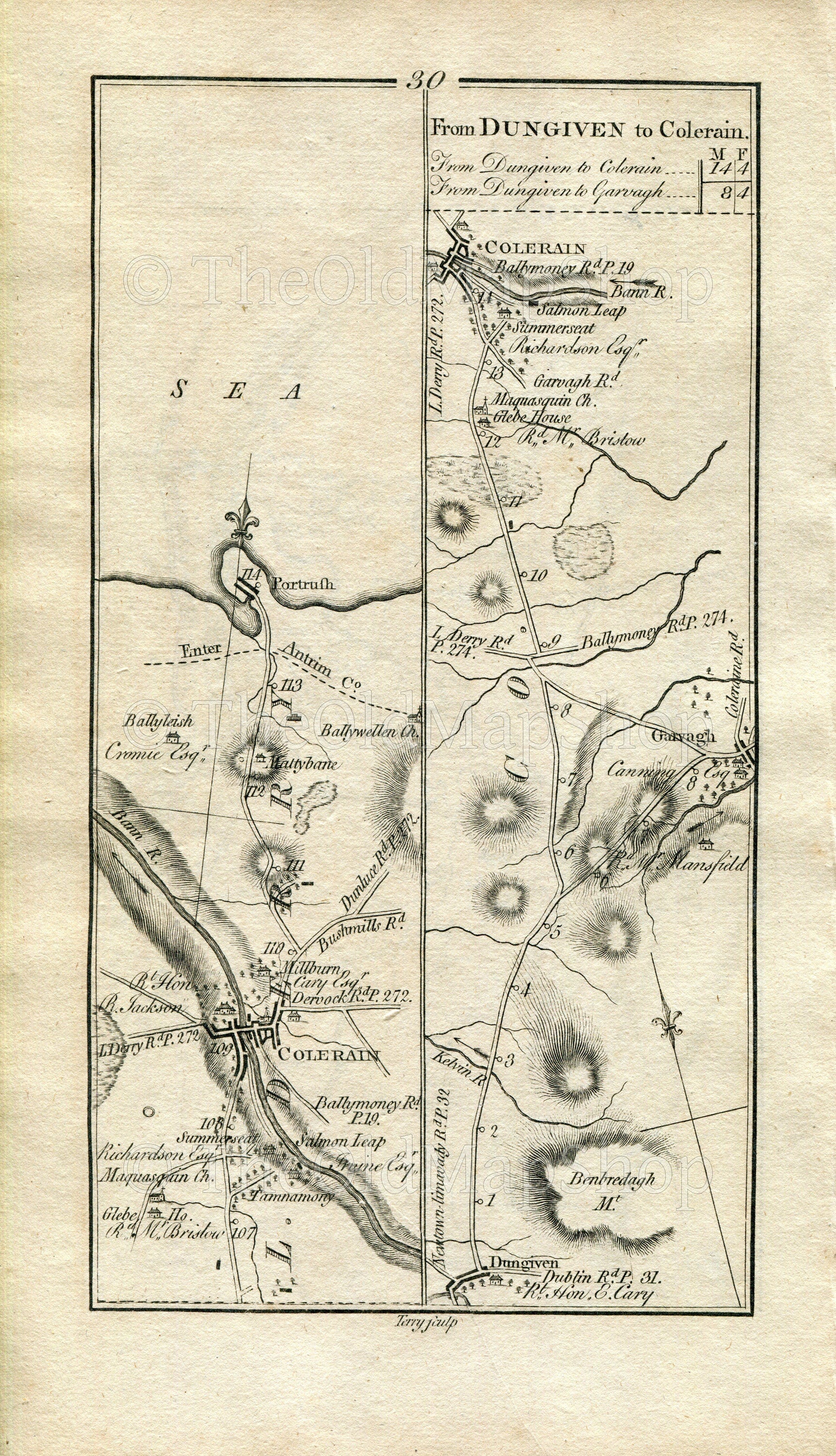1778 Taylor & Skinner Antique Ireland Road Map 29/30 Swatragh Garvagh Kilrea Aghadowey Agivey Coleraine Portrush Dungiven County Londonderry