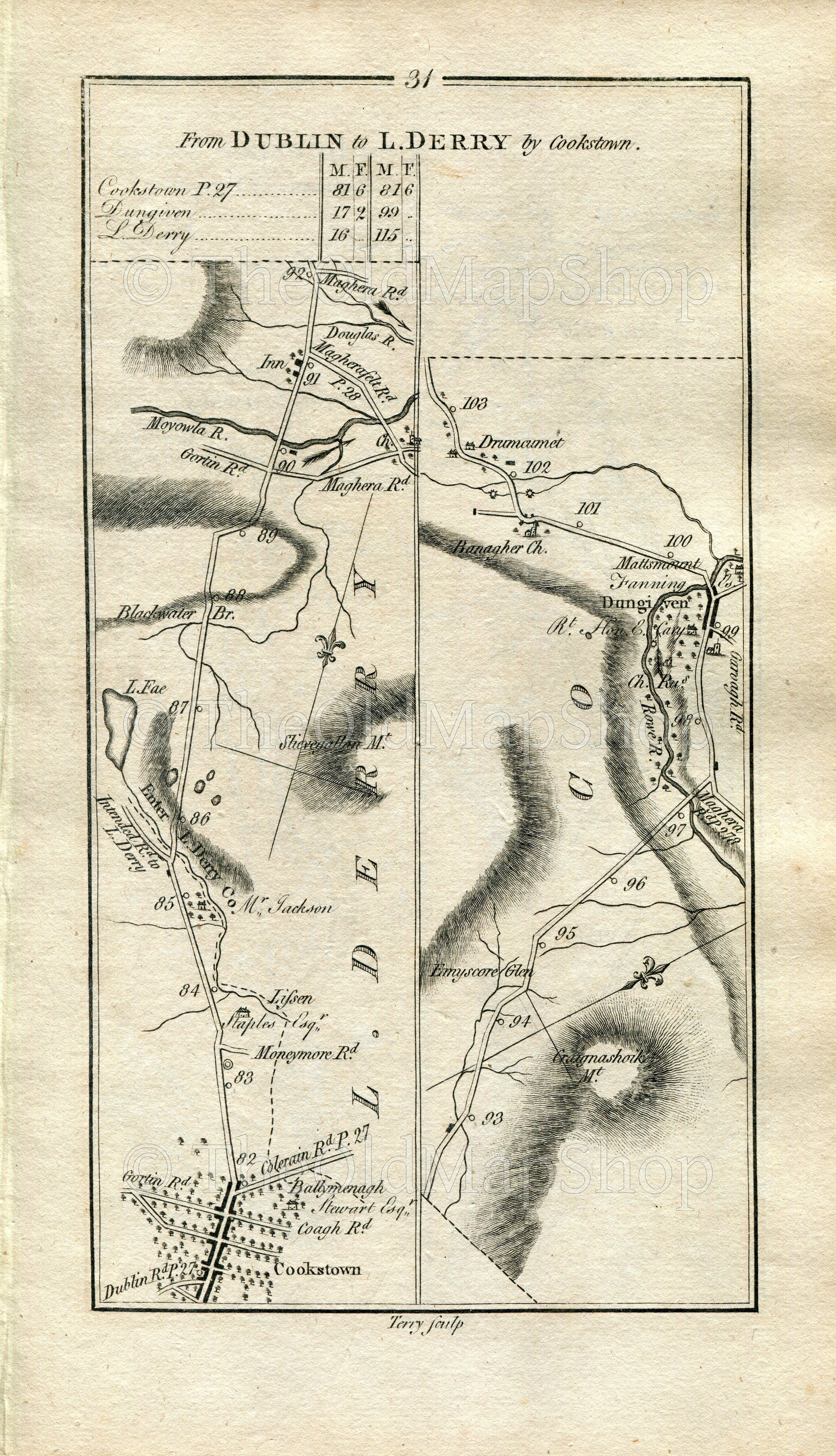 1778 Taylor & Skinner Antique Ireland Road Map 31/32 Cookstown, Lissan, Dungiven, Claudy, Londonderry, Limavady, County Londonderry