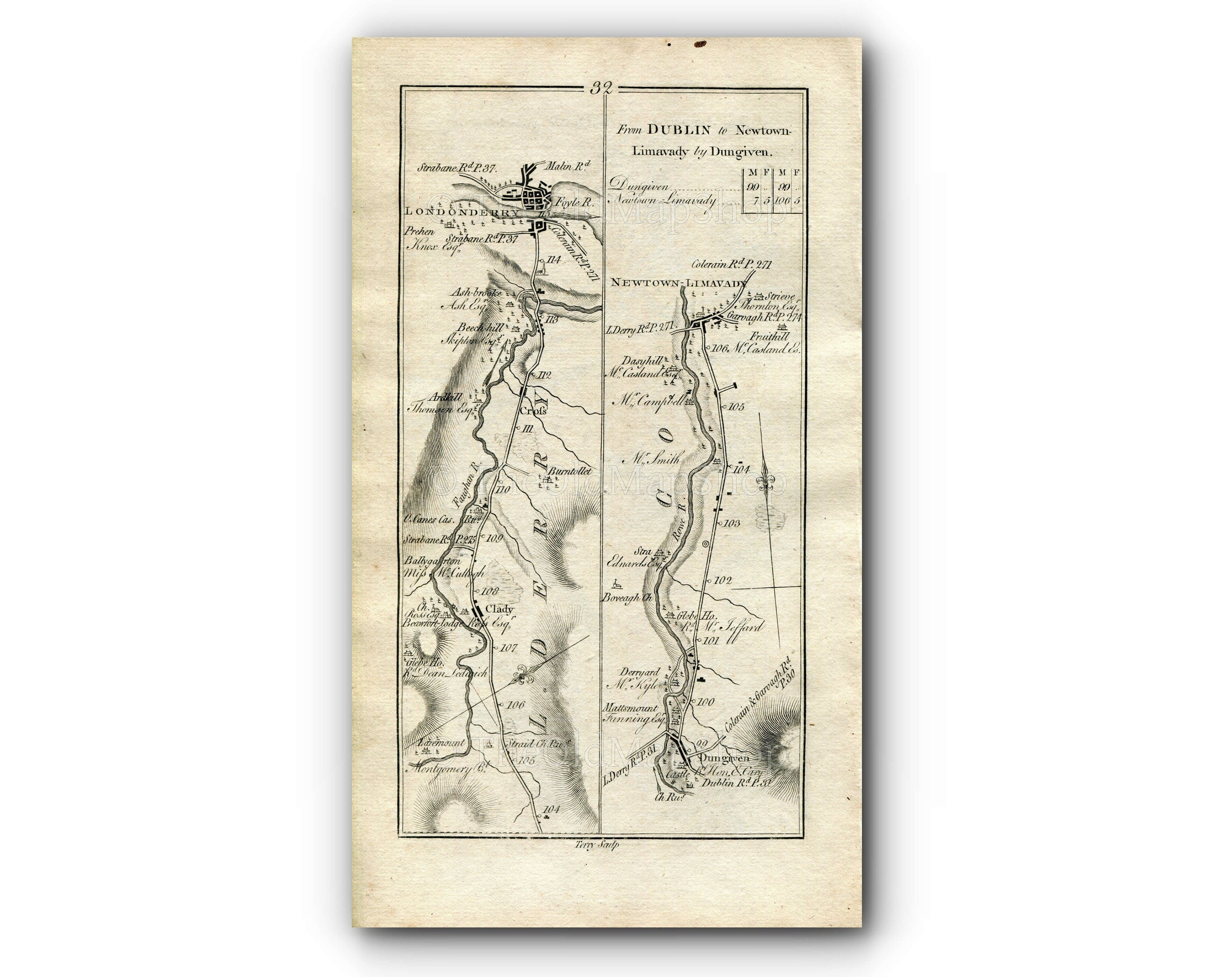 1778 Taylor & Skinner Antique Ireland Road Map 31/32 Cookstown, Lissan, Dungiven, Claudy, Londonderry, Limavady, County Londonderry