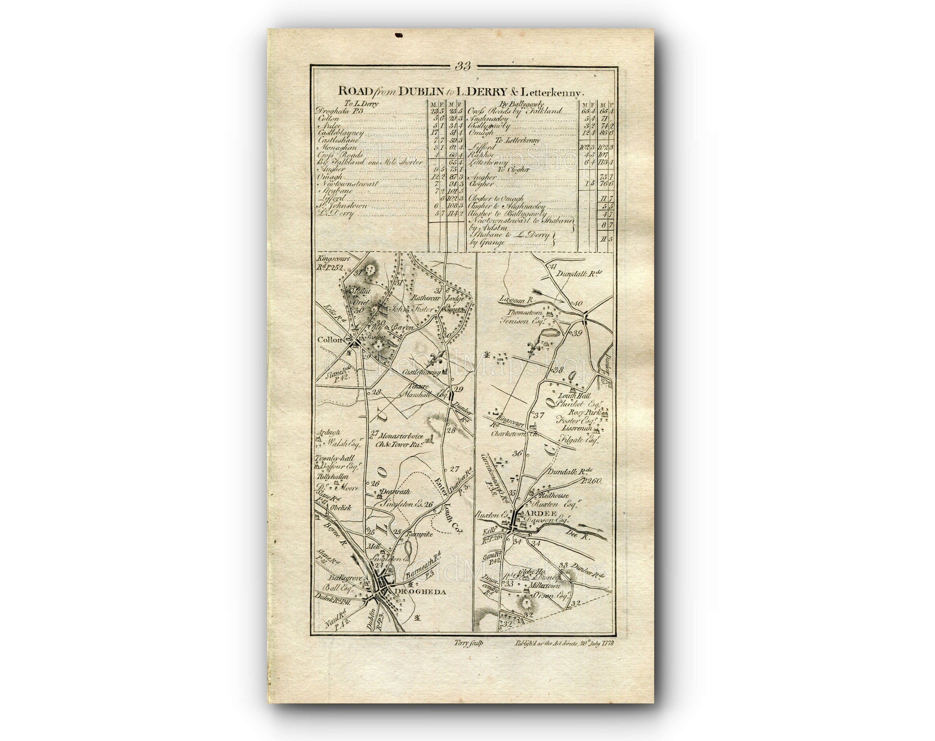 1778 Taylor & Skinner Antique Ireland Road Map 31/32 Drogheda Tullyallen Collon Tallanstown Rahans Donaghmoyne Castleblayney Monoghan Ardee
