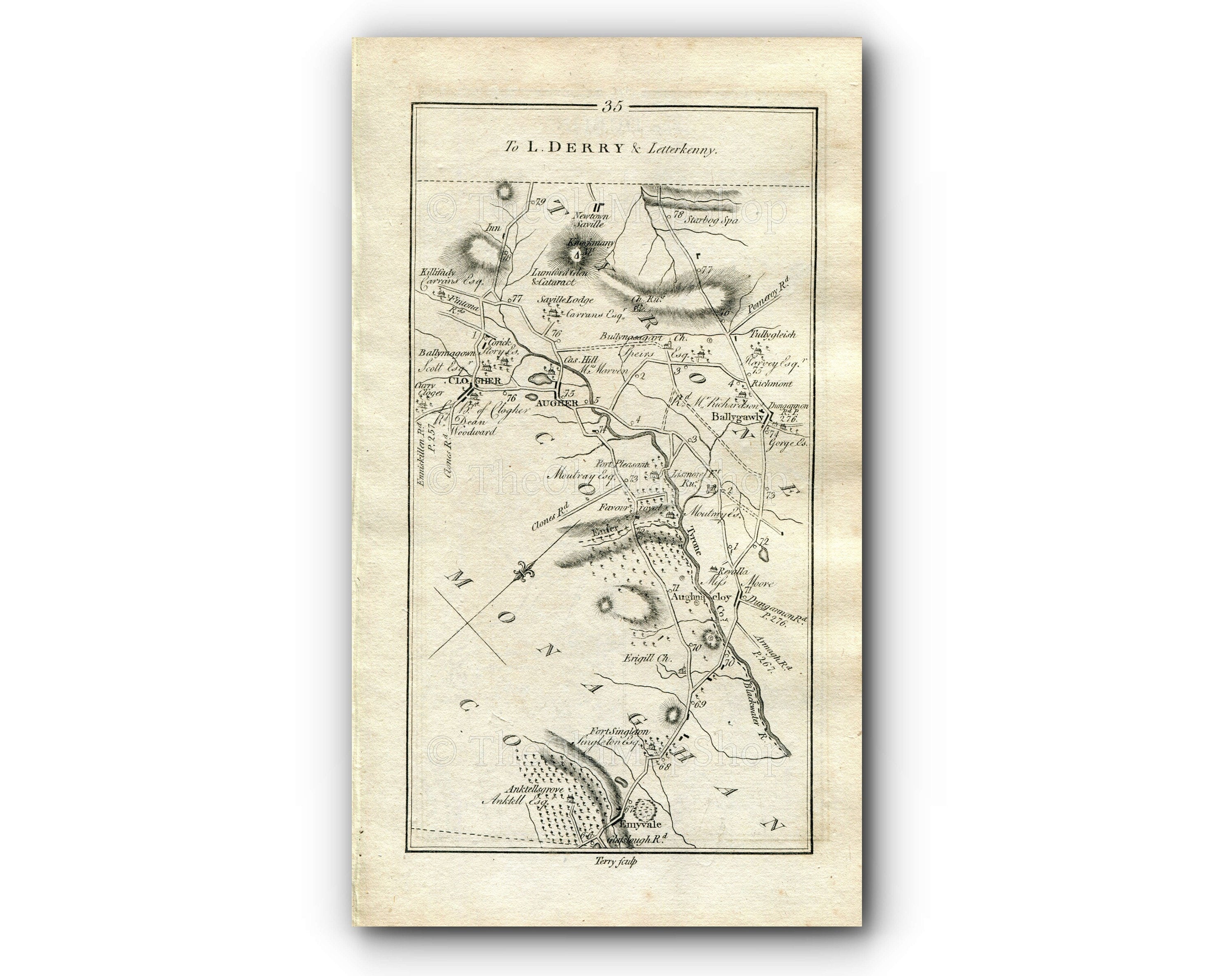 1778 Taylor & Skinner Antique Ireland Road Map 35/36 Emyvale Aughnacloy Clogher Ballygawley Omagh Ardstraw Douglas Bridge Strabane Lifford