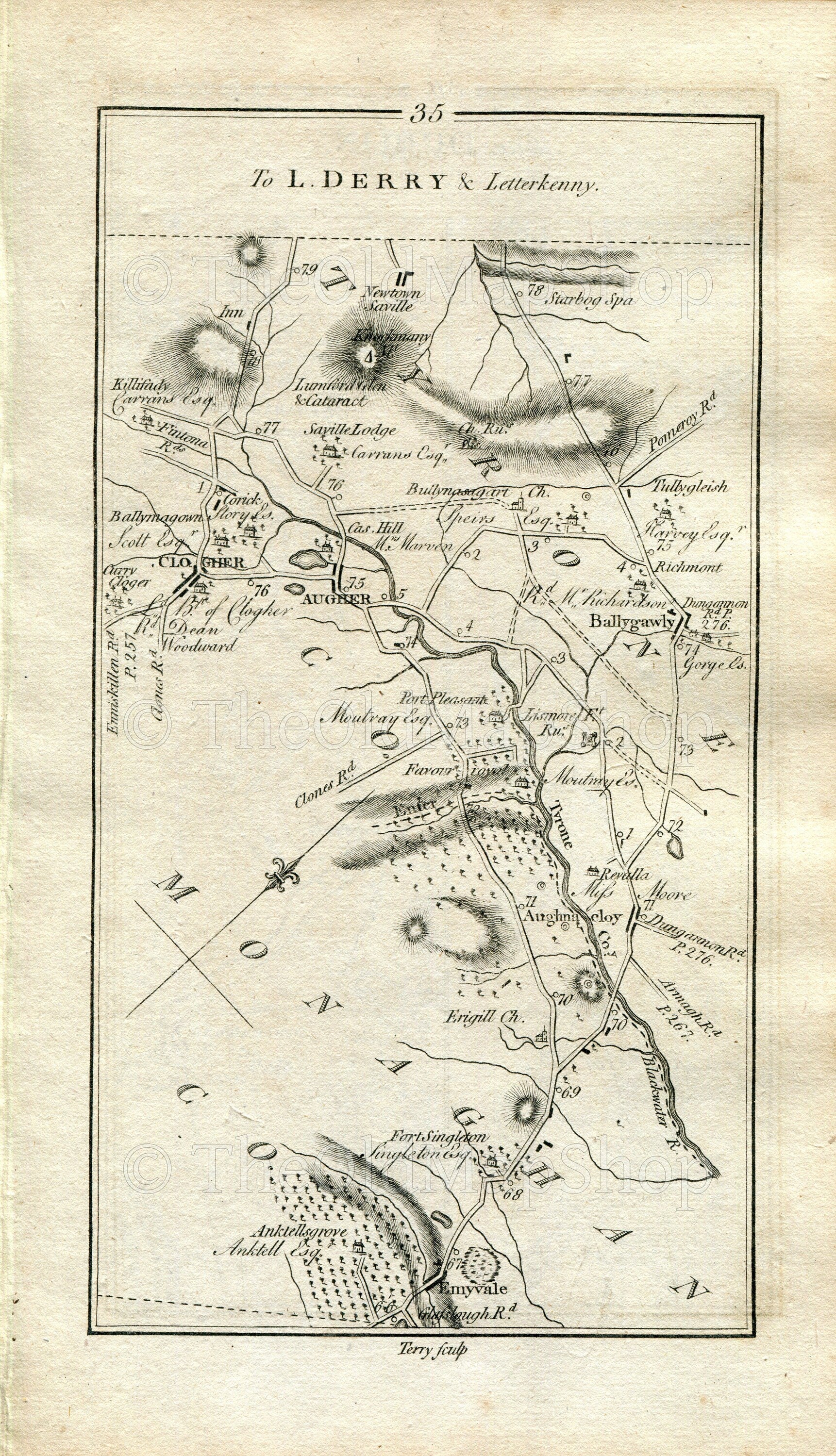 1778 Taylor & Skinner Antique Ireland Road Map 35/36 Emyvale Aughnacloy Clogher Ballygawley Omagh Ardstraw Douglas Bridge Strabane Lifford