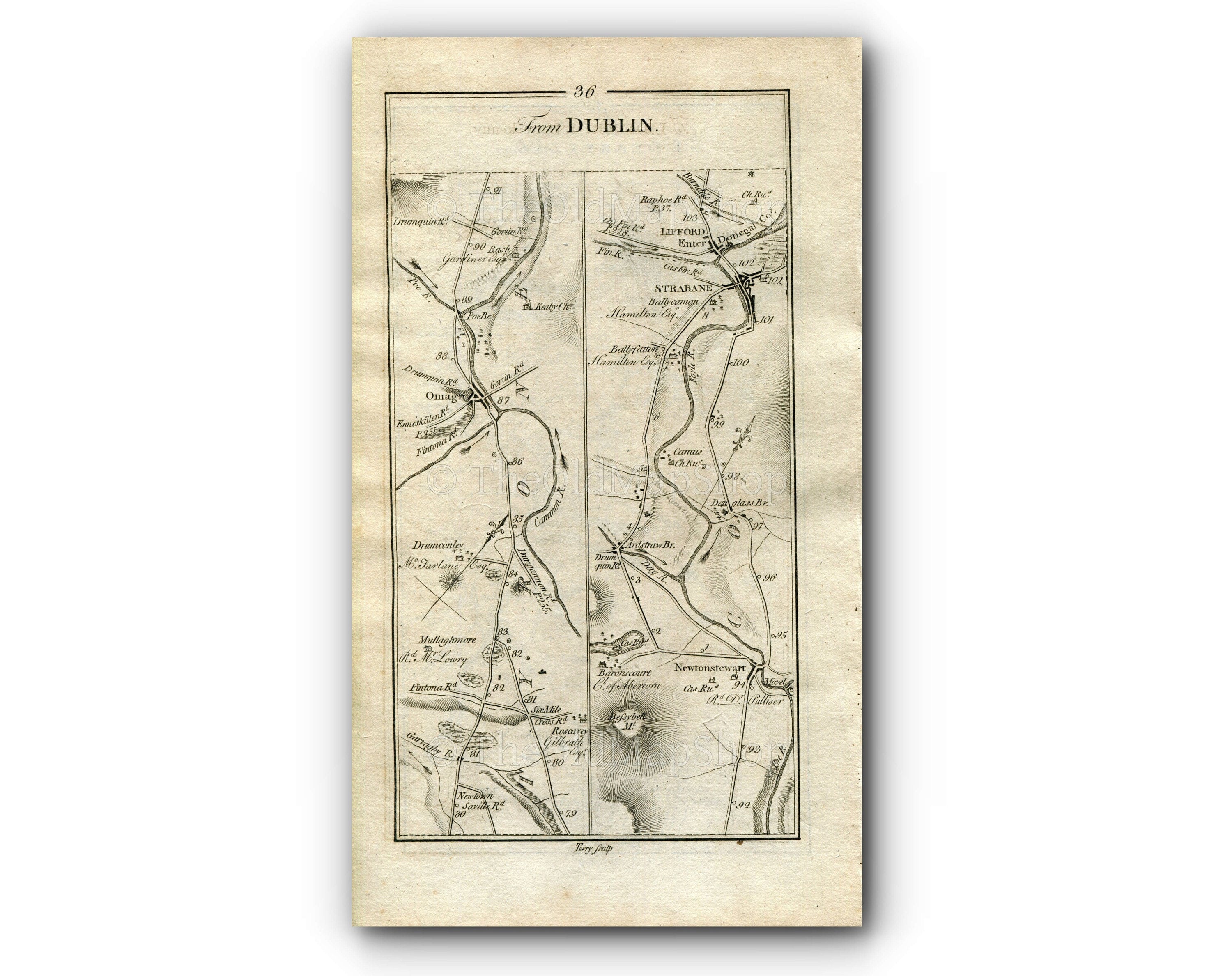 1778 Taylor & Skinner Antique Ireland Road Map 35/36 Emyvale Aughnacloy Clogher Ballygawley Omagh Ardstraw Douglas Bridge Strabane Lifford