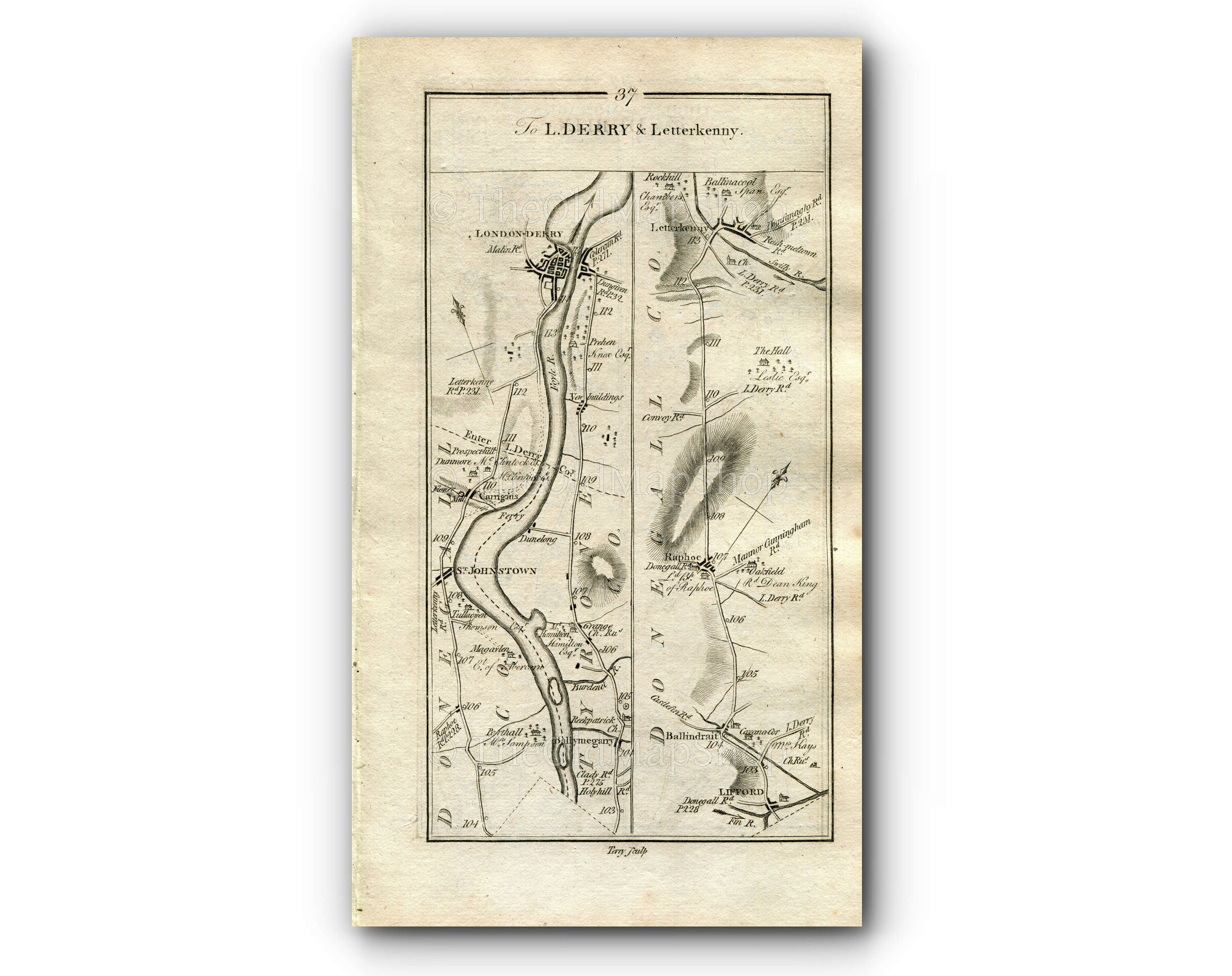 1778 Taylor & Skinner Antique Ireland Road Map 37/38 Ballymagorry St Johnston Londonderry Lifford Letterkenny Ardee Carrickmacross Ballybay