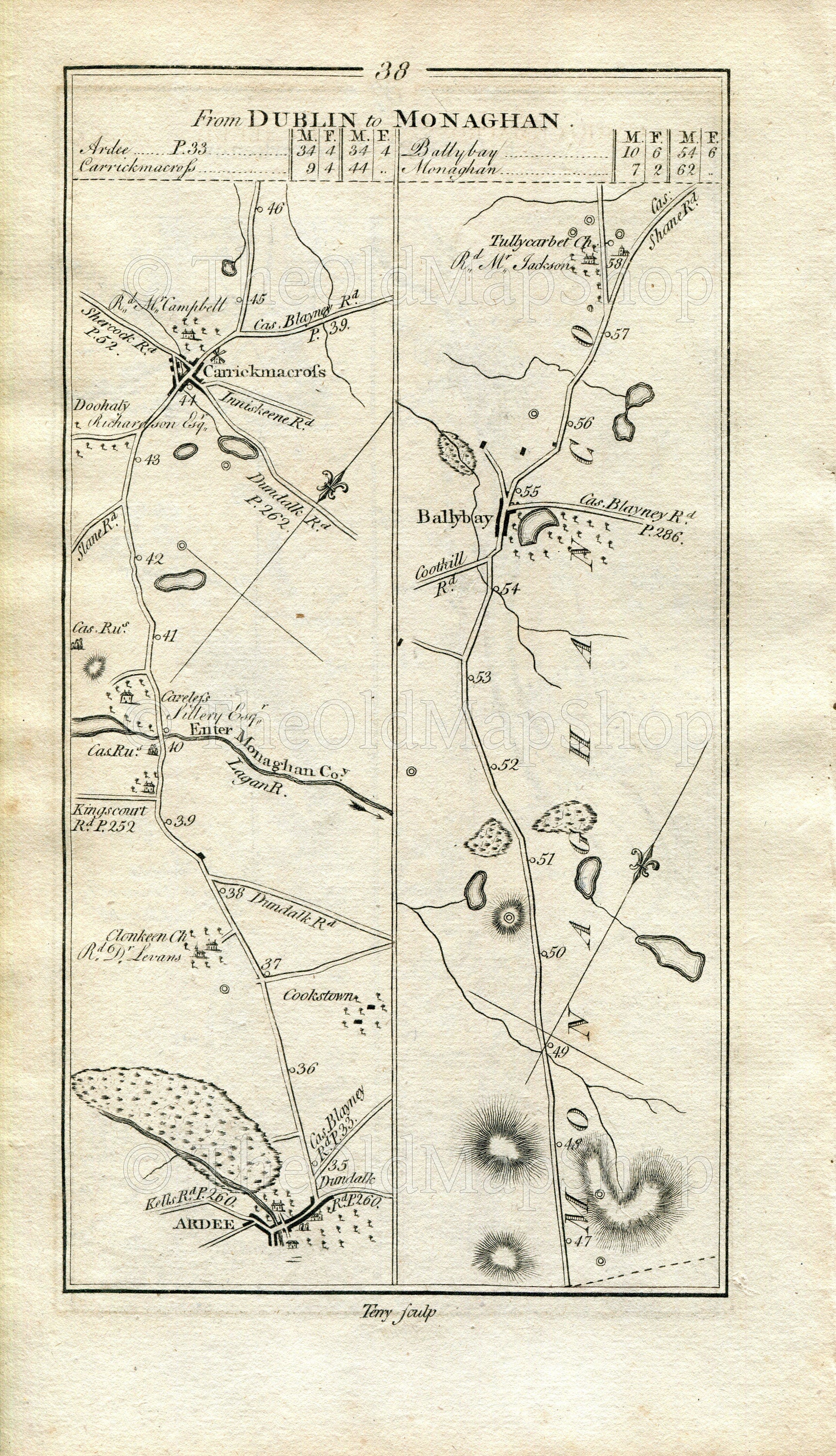 1778 Taylor & Skinner Antique Ireland Road Map 37/38 Ballymagorry St Johnston Londonderry Lifford Letterkenny Ardee Carrickmacross Ballybay