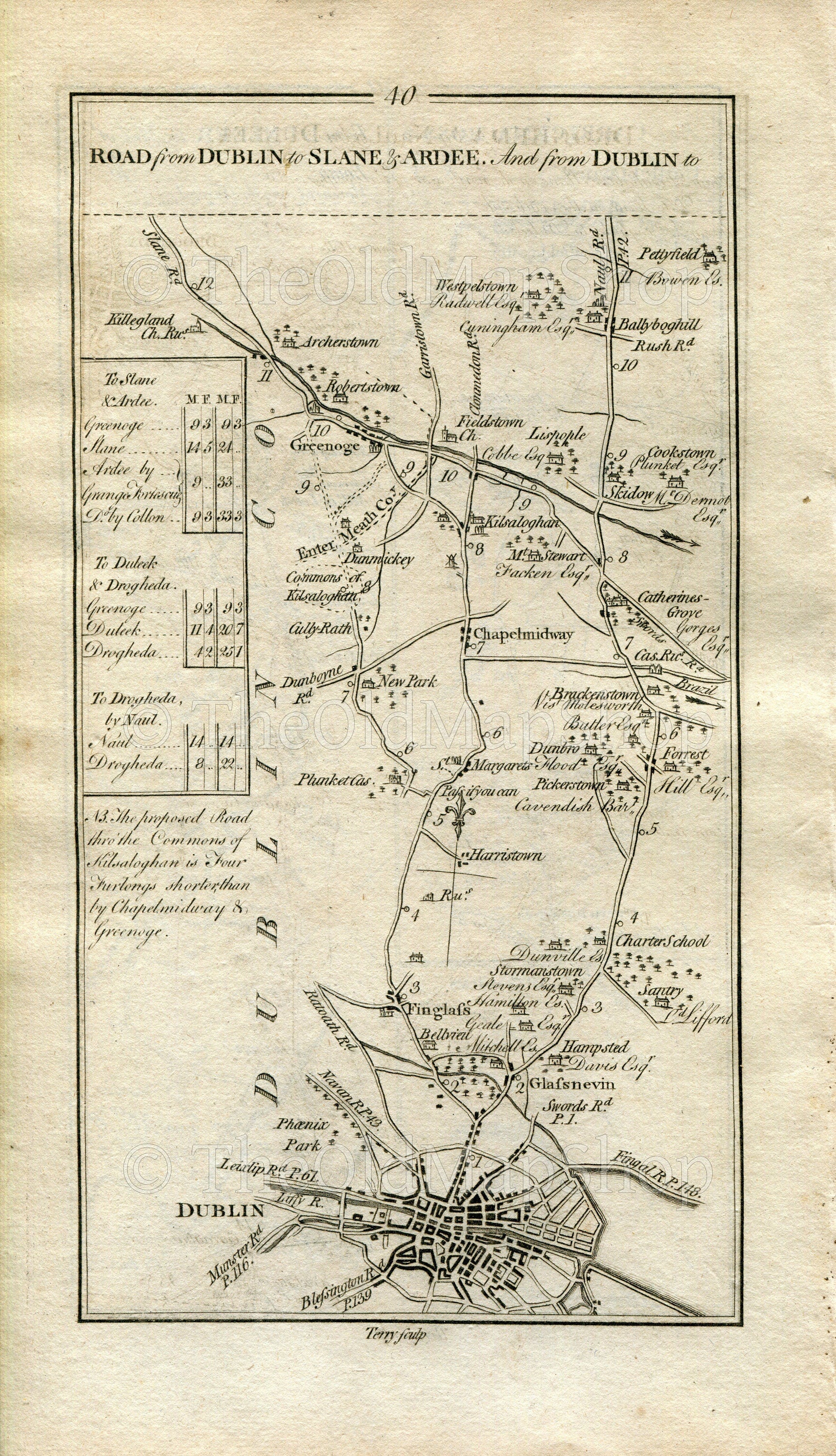 1778 Taylor & Skinner Antique Ireland Road Map 39/40 Monaghan Castleblayney Dunleer Stabannan Tallanstown Finglas Chapelmidway Kilsallaghan