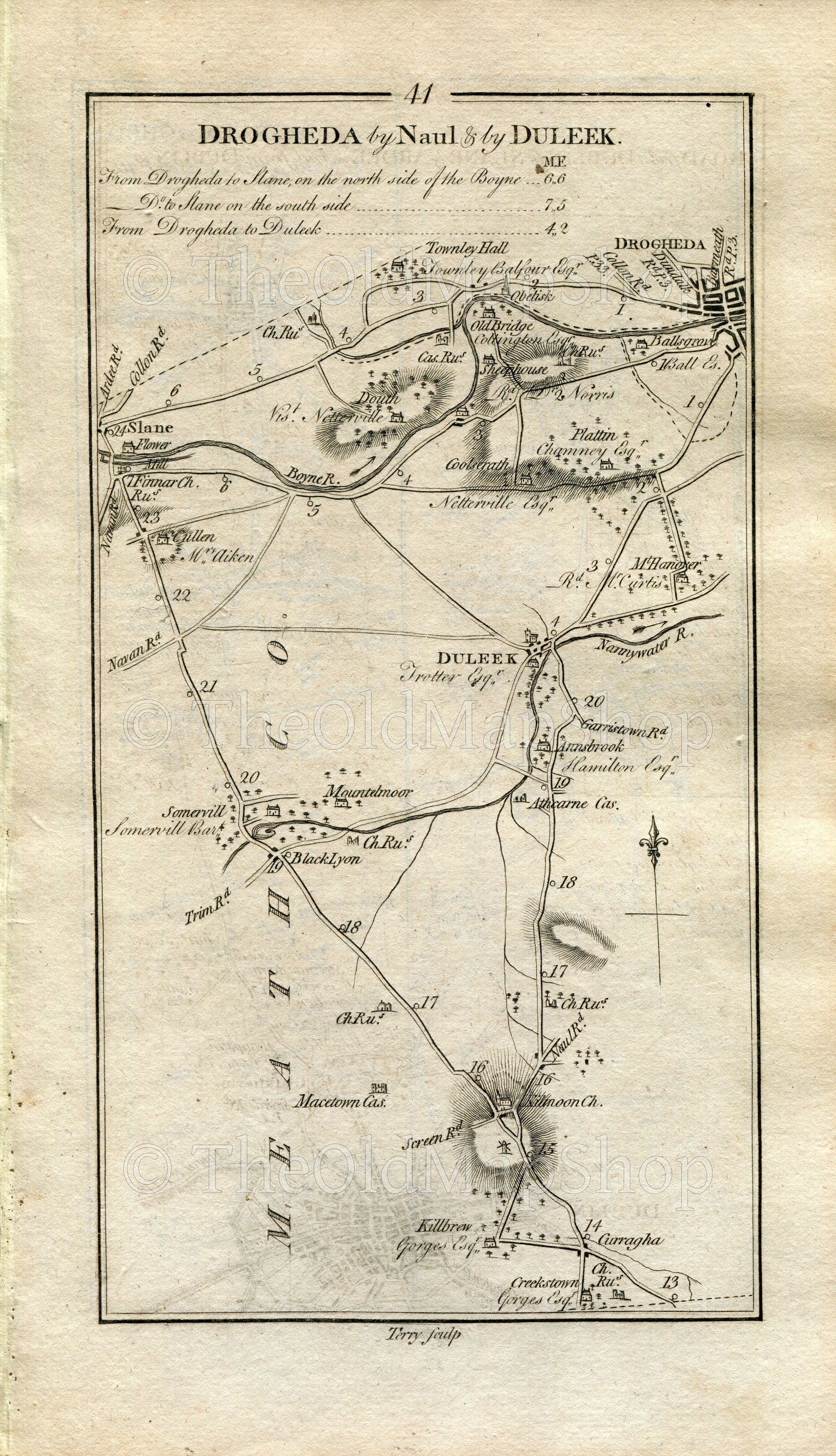 1778 Taylor & Skinner Ireland Road Map 41/42 Curragha, Dunleek, Somerville, Slane, Drogheda, Collon, Ardee, Naul, County Meath