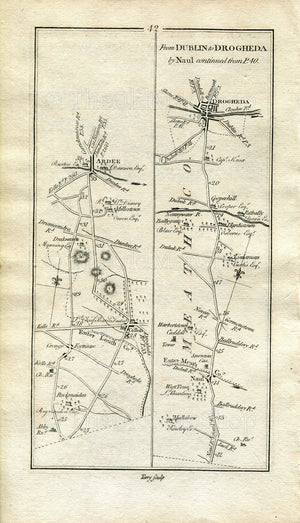 1778 Taylor & Skinner Ireland Road Map 41/42 Curragha, Dunleek, Somerville, Slane, Drogheda, Collon, Ardee, Naul, County Meath