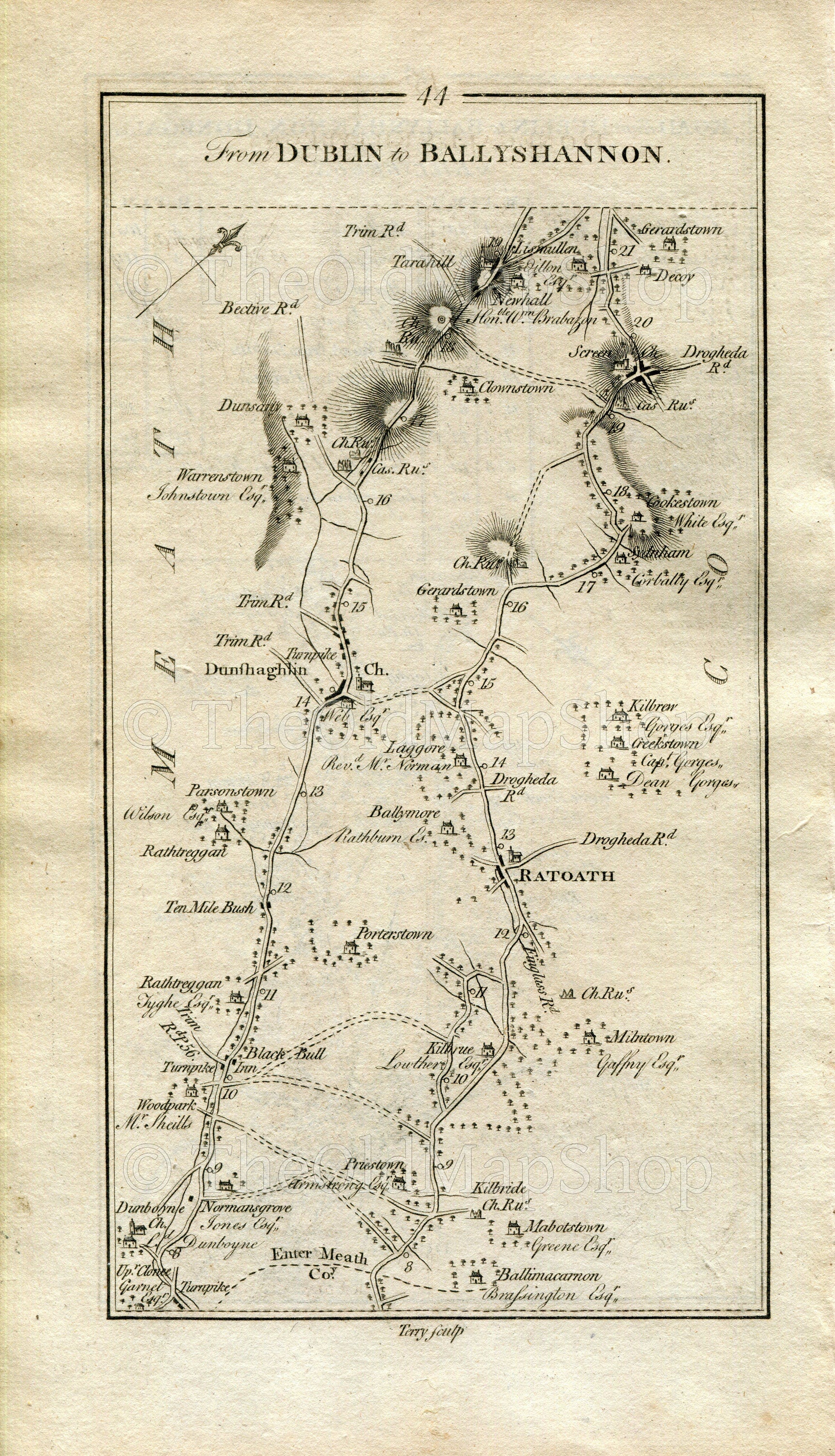 1778 Taylor & Skinner Ireland Road Map 43/44 Dublin Mulhuddart, Dunboyne, Dunshaughlin, Ratoath, Dunsany, Hill of Tara, Co. Meath Antique