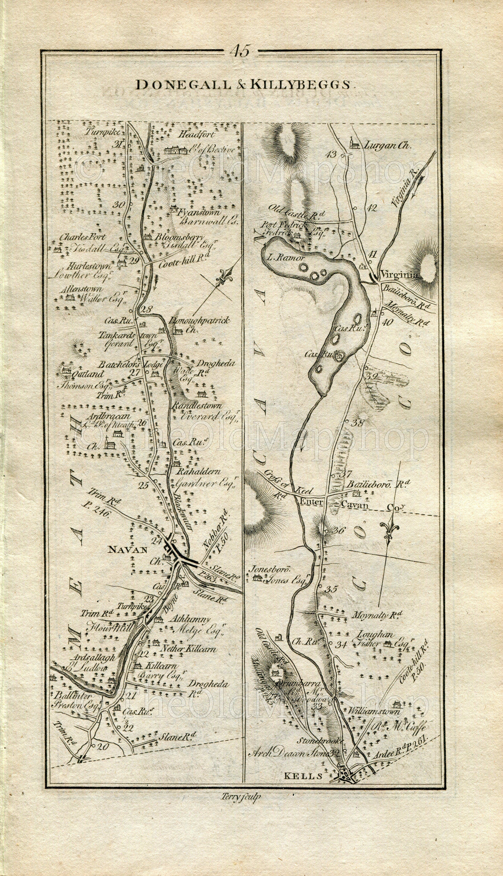 1778 Taylor & Skinner Antique Ireland Road Map 45/46 Ardsallagh Navan Kells Virginia Ballyjamesduff Cavan Butlers Bridge Newtownbutler
