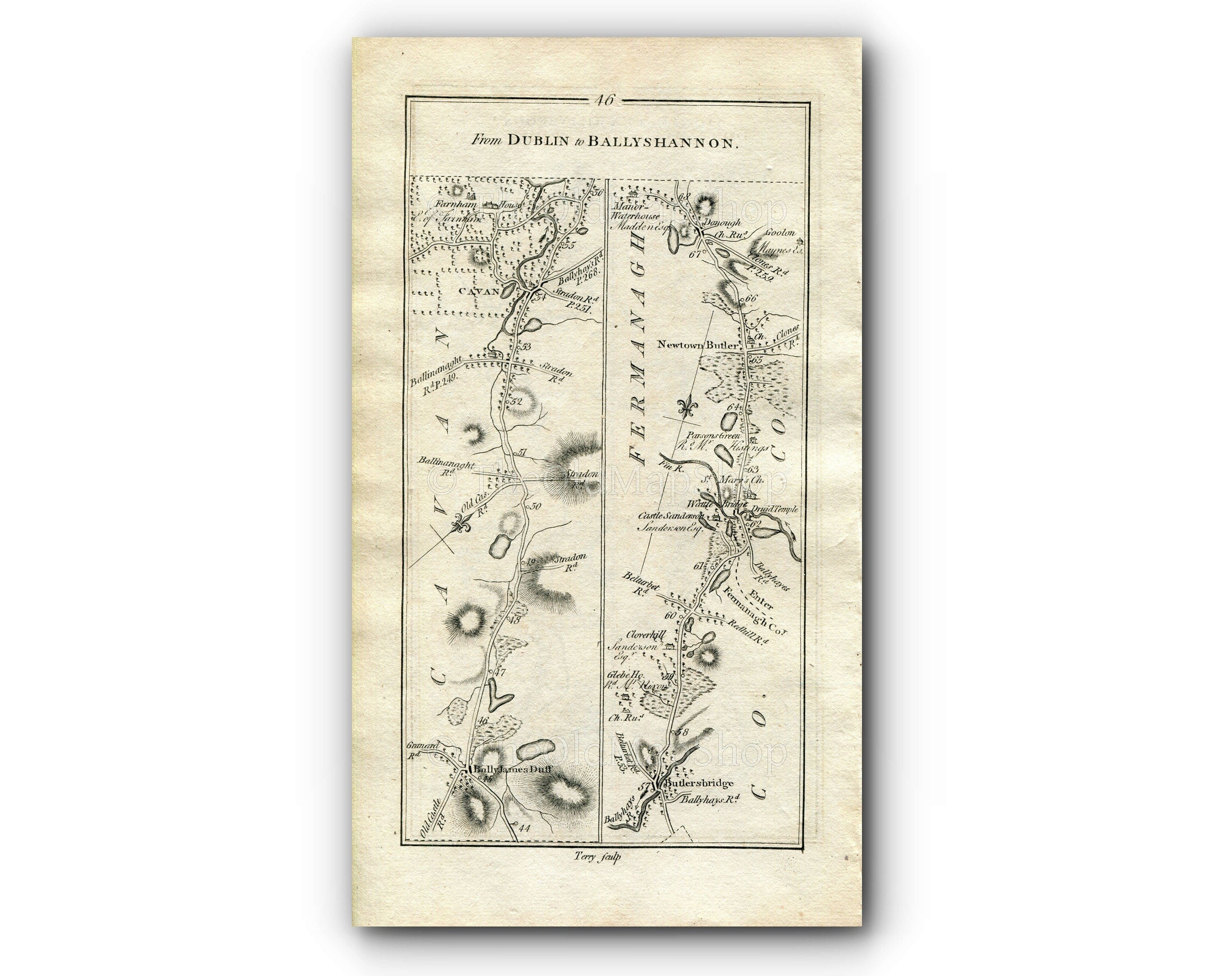 1778 Taylor & Skinner Antique Ireland Road Map 45/46 Ardsallagh Navan Kells Virginia Ballyjamesduff Cavan Butlers Bridge Newtownbutler