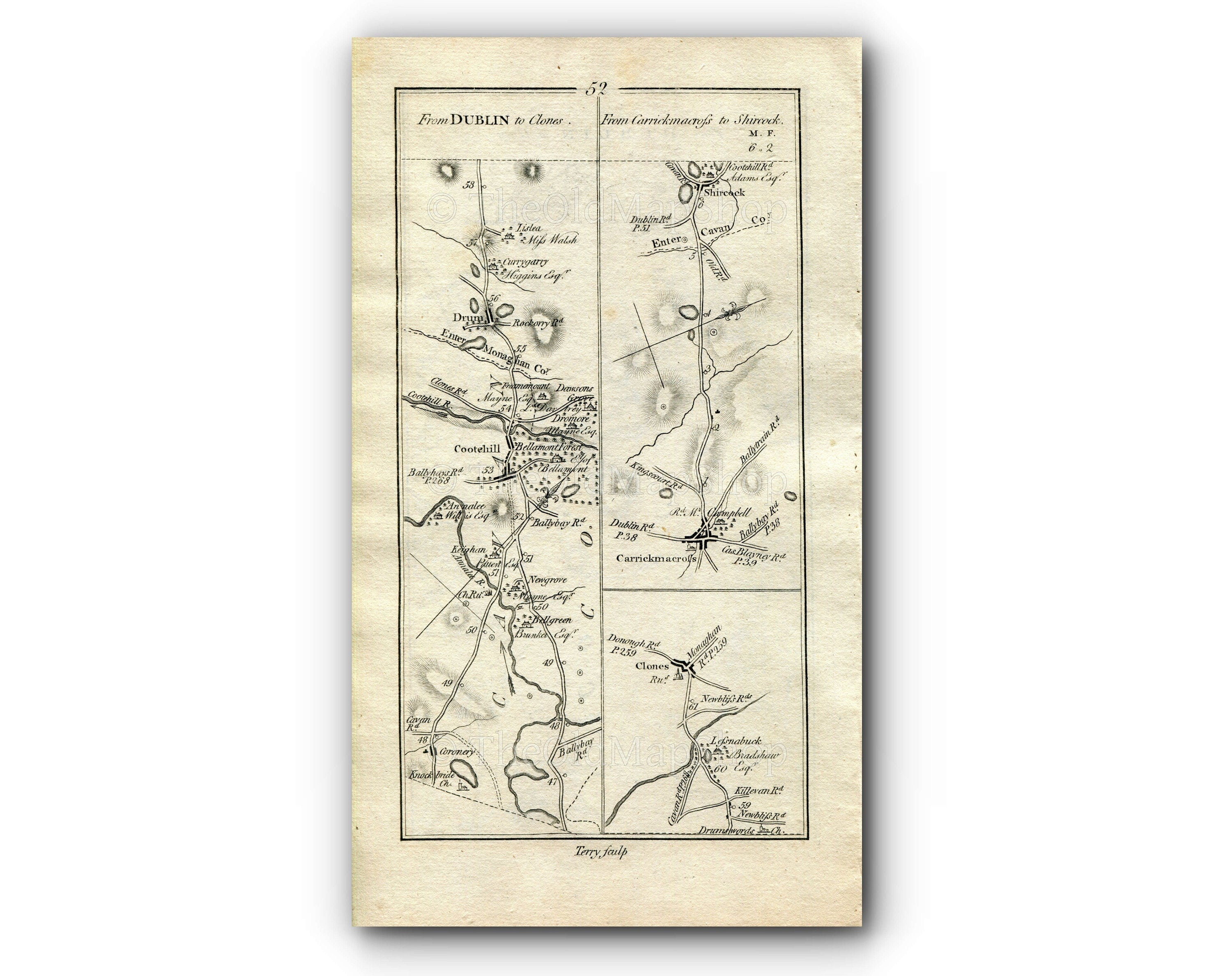 1778 Taylor & Skinner Antique Ireland Road Map 51/52 Moynalty Bailieborough Kingscourt Cootehill Drum Clones Carrickmacross Shercock Meath