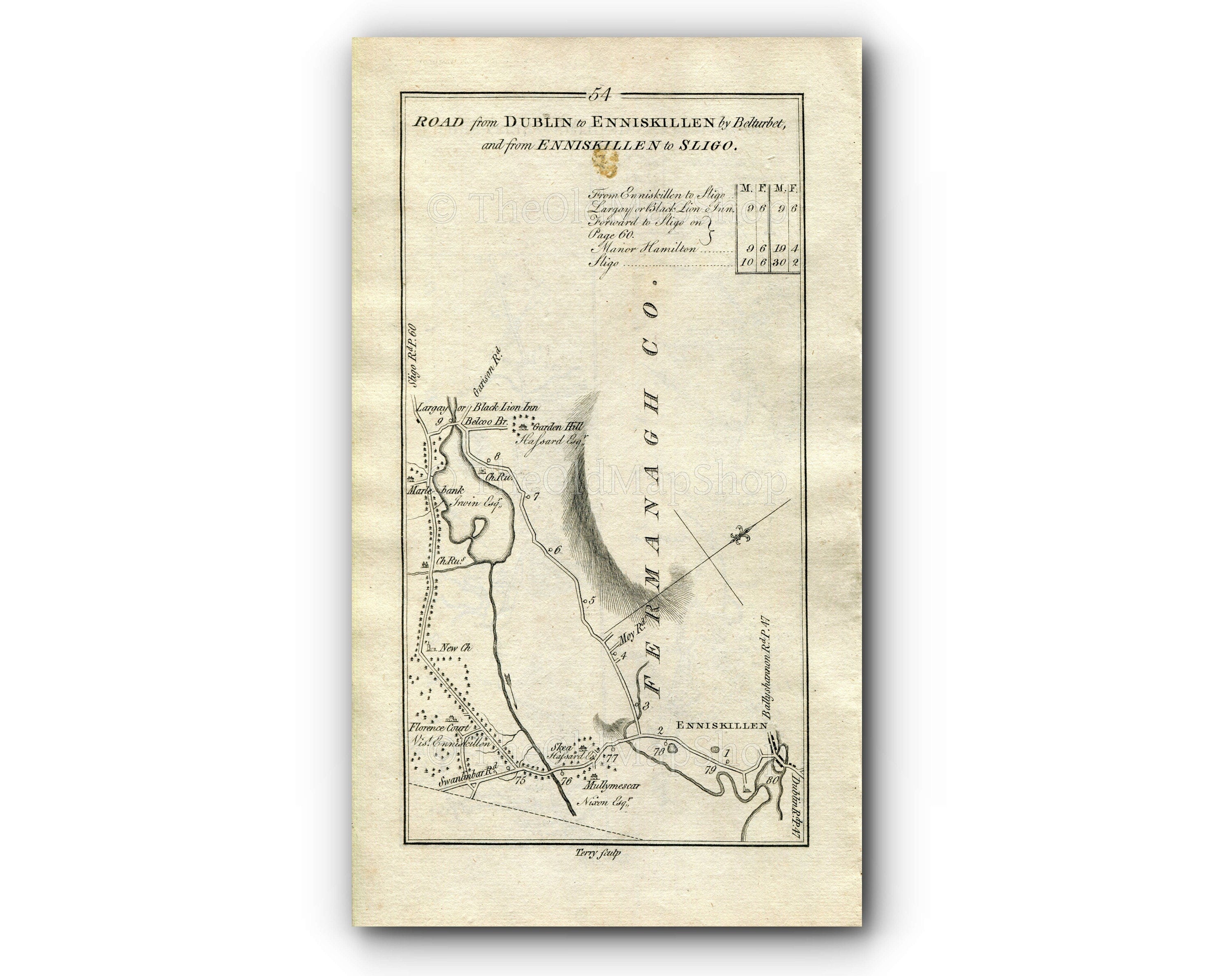 1778 Taylor & Skinner Antique Ireland Road Map 53/54 Butlers Bridge, Cavan, Belturbet, Enniskillen, Belcoo, Blacklion, County Fermanagh