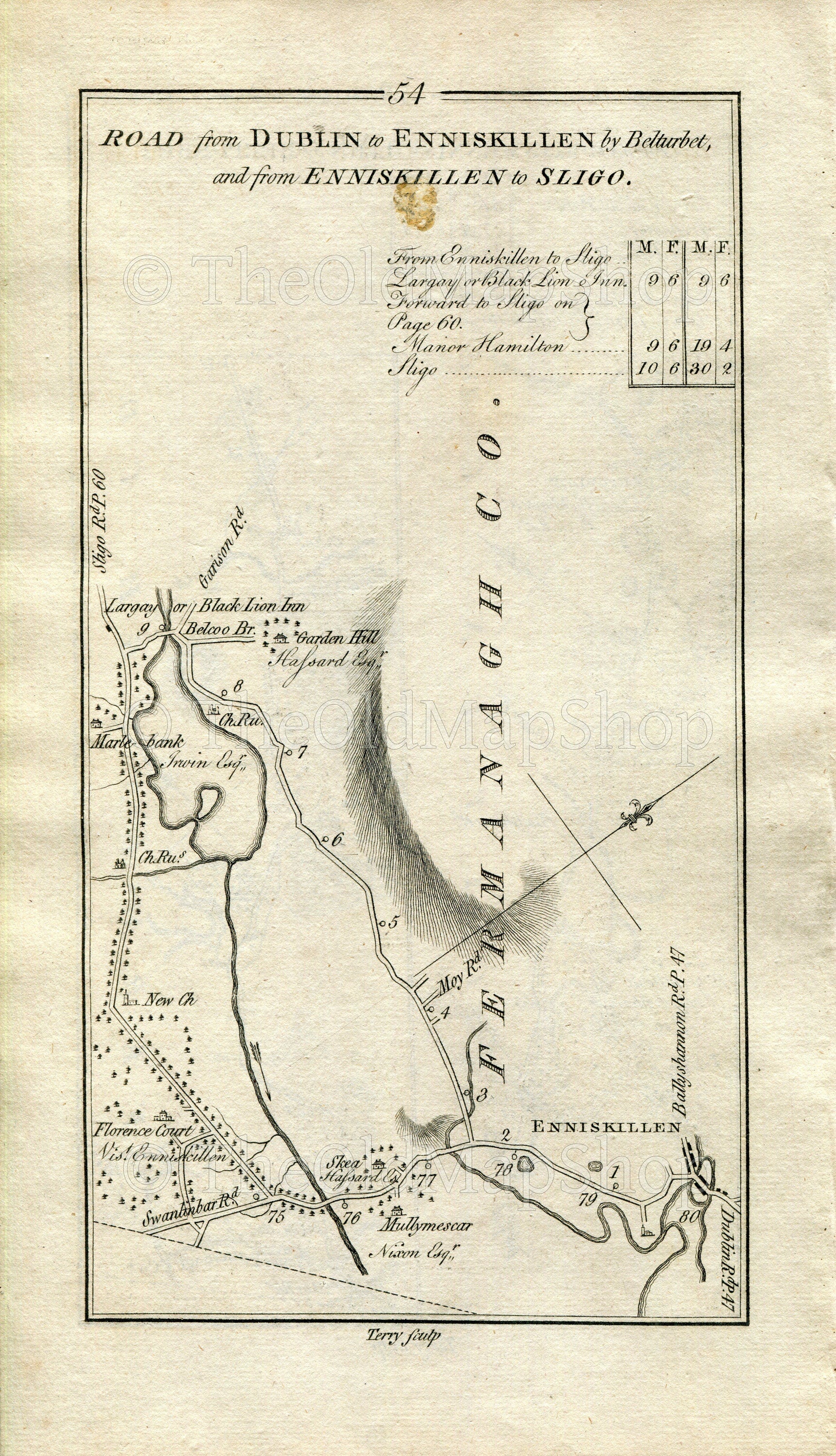 1778 Taylor & Skinner Antique Ireland Road Map 53/54 Butlers Bridge, Cavan, Belturbet, Enniskillen, Belcoo, Blacklion, County Fermanagh