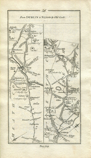 1778 Taylor & Skinner Antique Ireland Road Map 55/56 Dublin Damastown Dunboyne Parsonstown Abbotstown Trim Trimblestown Kildalkey Athboy