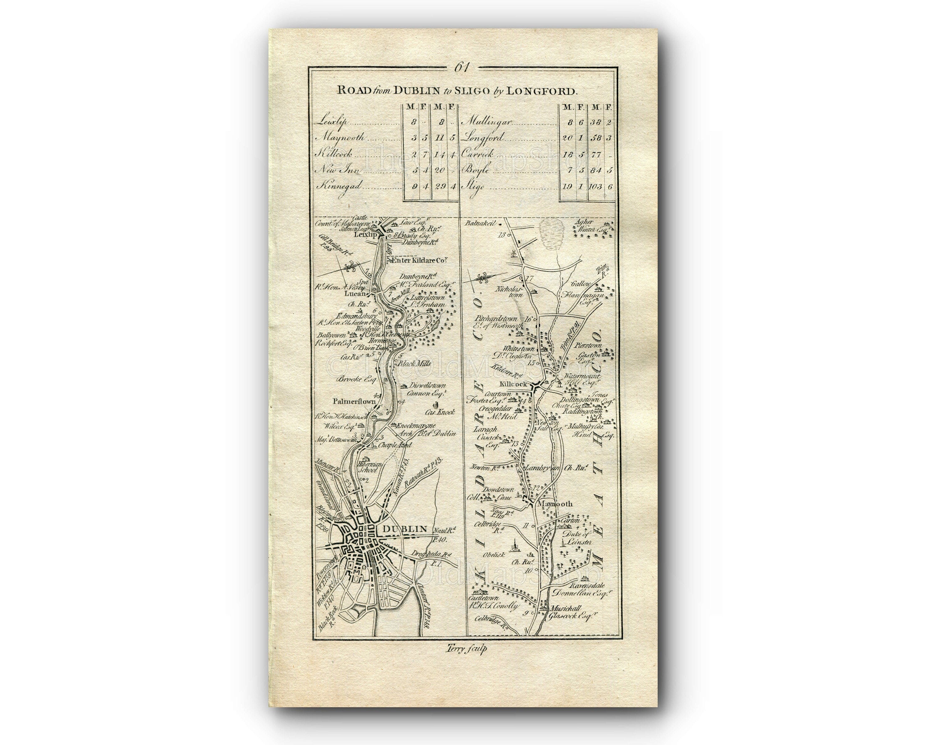 1778 Taylor & Skinner Antique Ireland Road Map 61/62 Dublin Lucan Leixlip Maynooth Kilcock Johnstown Bridge Kinnegad Mullingar Palmerstown