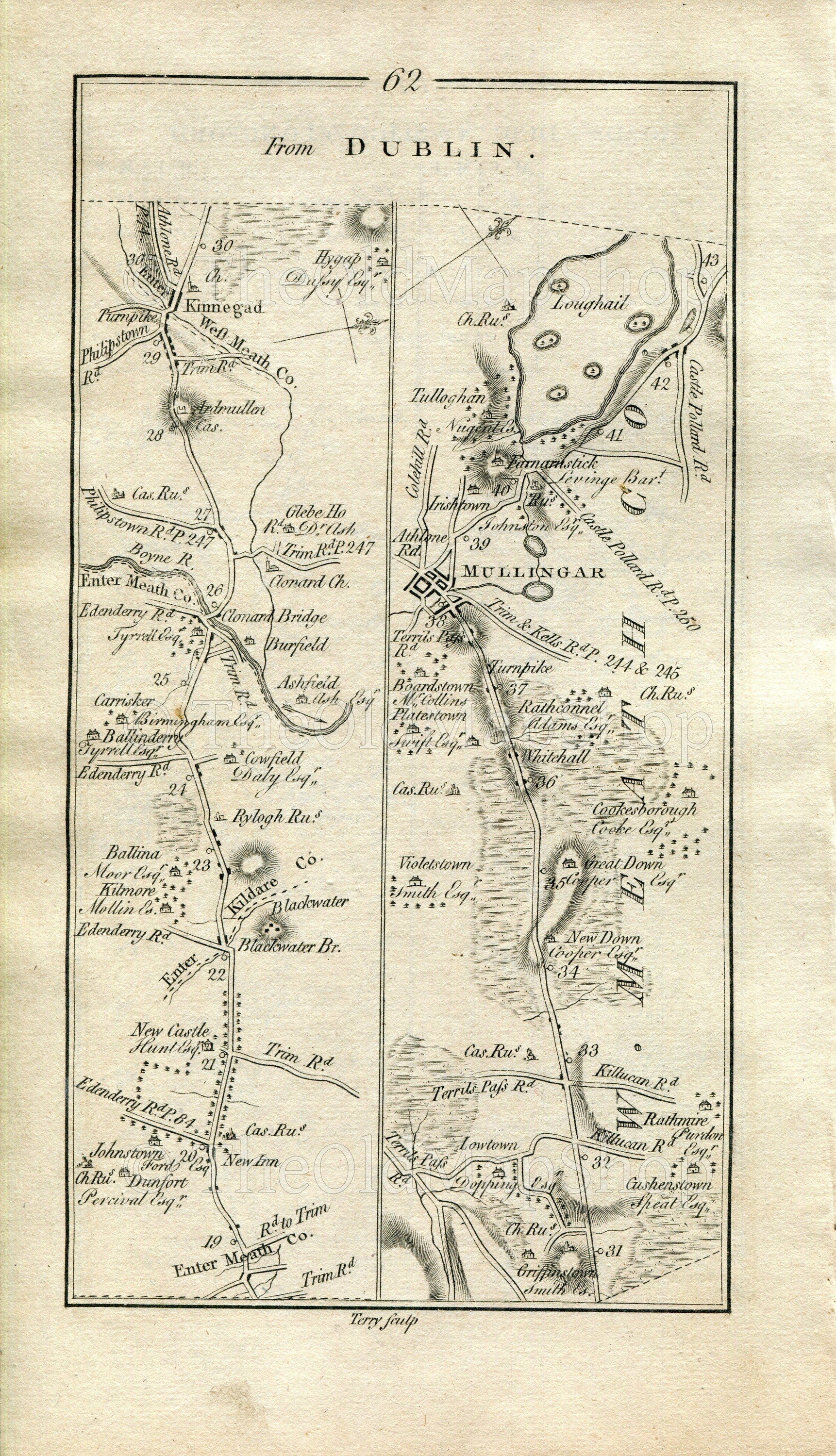 1778 Taylor & Skinner Antique Ireland Road Map 61/62 Dublin Lucan Leixlip Maynooth Kilcock Johnstown Bridge Kinnegad Mullingar Palmerstown