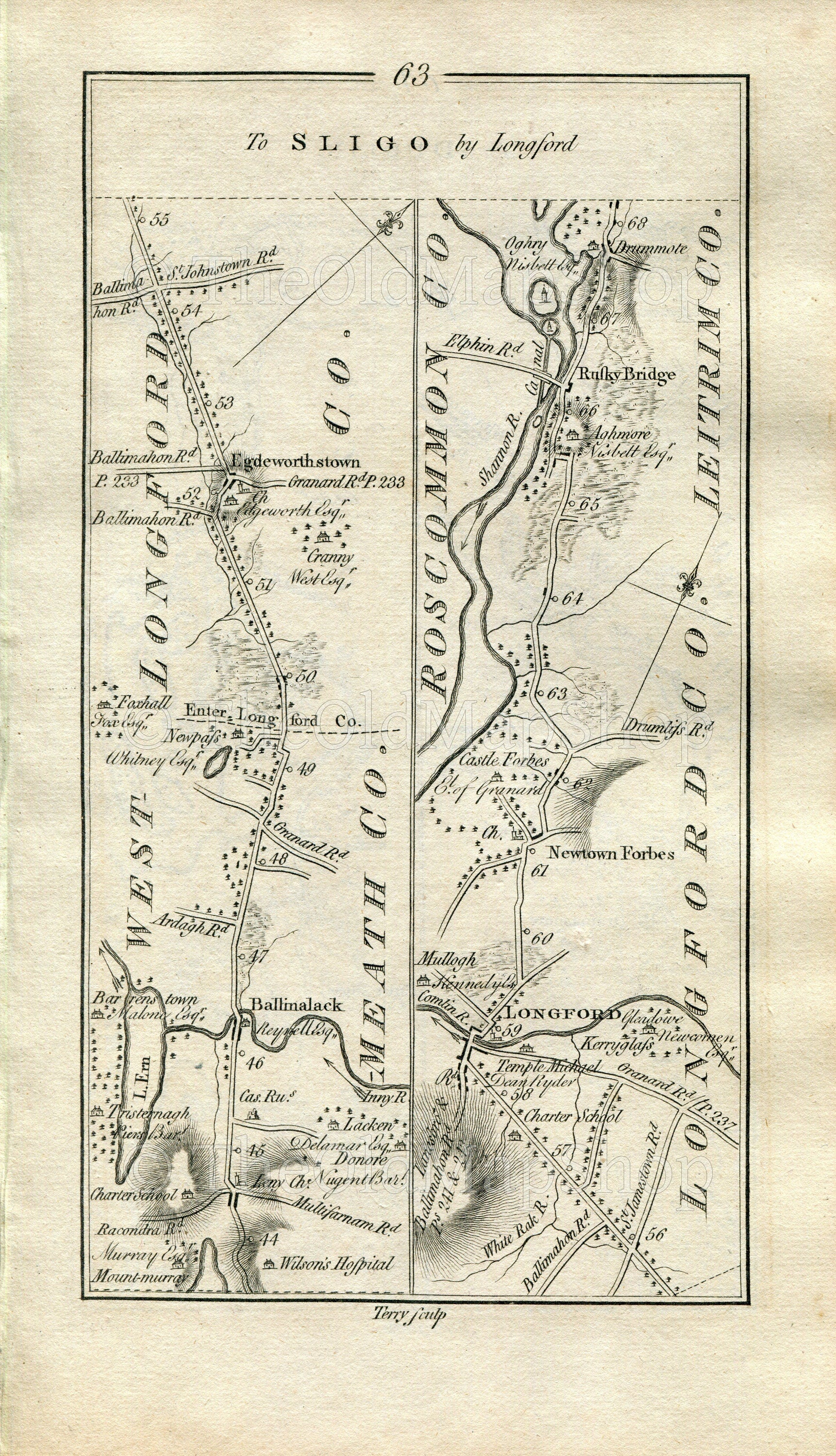 1778 Taylor & Skinner Antique Ireland Road Map 63/64 Ballinalack Longford Newtown Forbes Roosky Drumod Drumsna Jamestown Boyle Drumfin