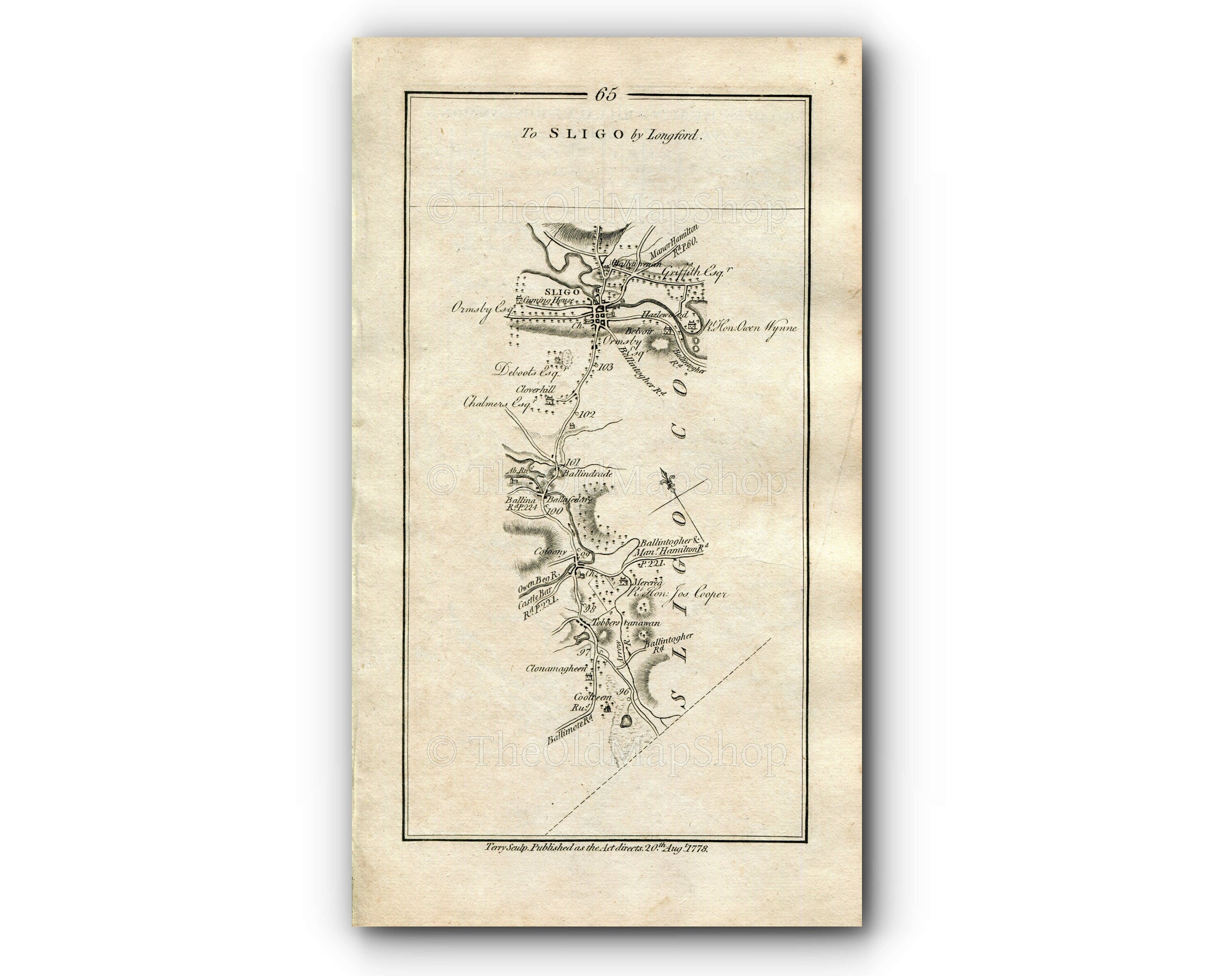 1778 Taylor & Skinner Antique Ireland Road Map 65/66 Cloonamahon Toberscanavan Collooney Balladrihid Sligo Mullingar Rathconrath Sonna