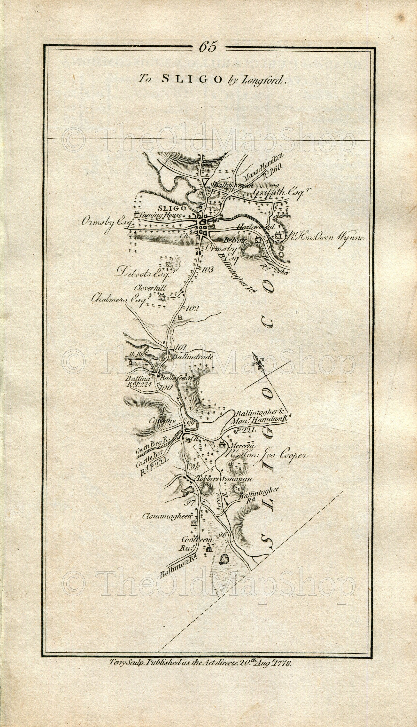 1778 Taylor & Skinner Antique Ireland Road Map 65/66 Cloonamahon Toberscanavan Collooney Balladrihid Sligo Mullingar Rathconrath Sonna
