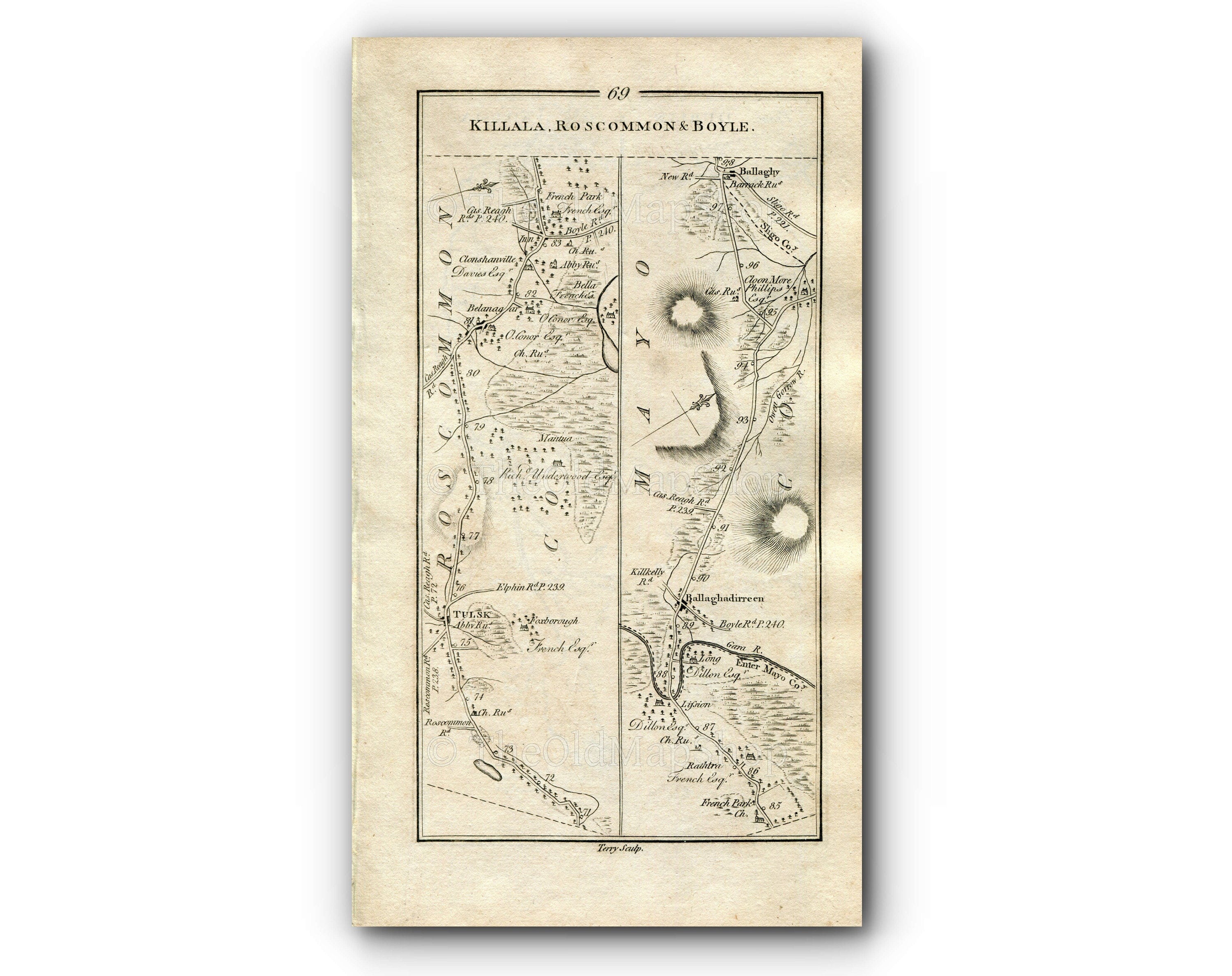 1778 Taylor & Skinner Antique Ireland Road Map 69/70 Tulsk Bellanagare Ballaghaderreen Bellaghy Charlestown Swinford Foxford Ballina Killala