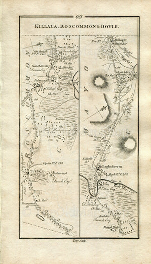 1778 Taylor & Skinner Antique Ireland Road Map 69/70 Tulsk Bellanagare Ballaghaderreen Bellaghy Charlestown Swinford Foxford Ballina Killala