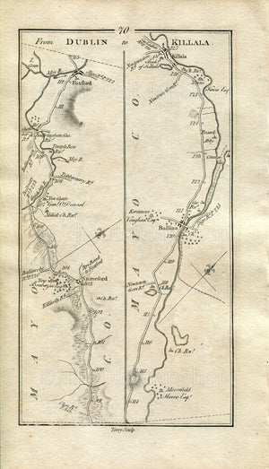 1778 Taylor & Skinner Antique Ireland Road Map 69/70 Tulsk Bellanagare Ballaghaderreen Bellaghy Charlestown Swinford Foxford Ballina Killala