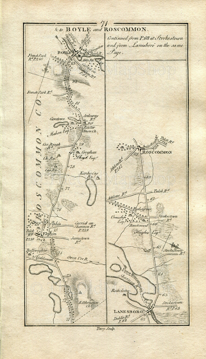 1778 Taylor & Skinner Antique Ireland Road Map 71/72 Elphin, Boyle, Roscommon, Strokestown, Tulsk, Castleplunket, Castlerea, Lanesborough