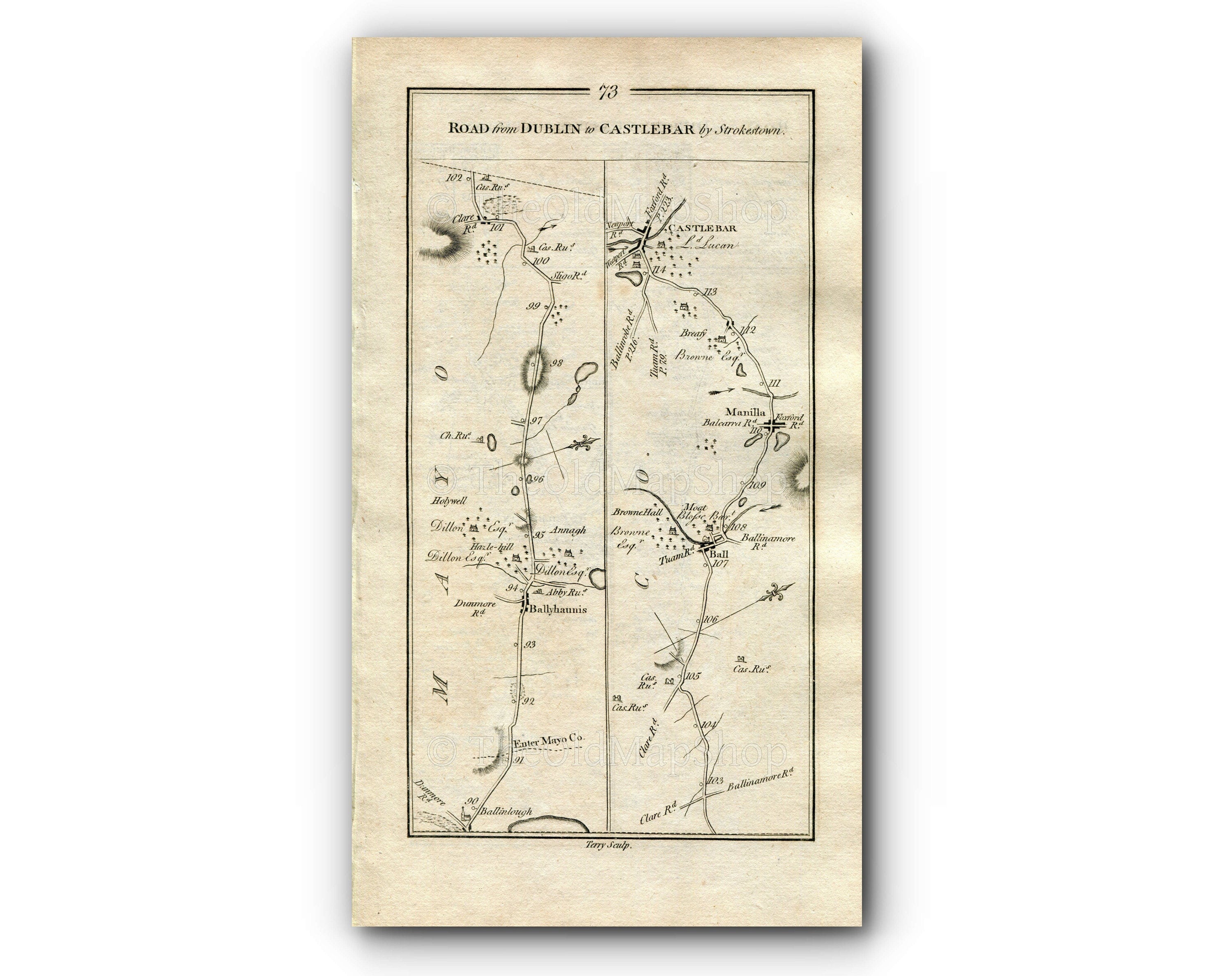 1778 Taylor & Skinner Antique Ireland Road Map 73/74 Ballyhaunis Balla Manulla Breaffy Castlebar Kinnegad Tyrrellspass Kilbeggan Horseleap