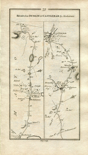 1778 Taylor & Skinner Antique Ireland Road Map 73/74 Ballyhaunis Balla Manulla Breaffy Castlebar Kinnegad Tyrrellspass Kilbeggan Horseleap