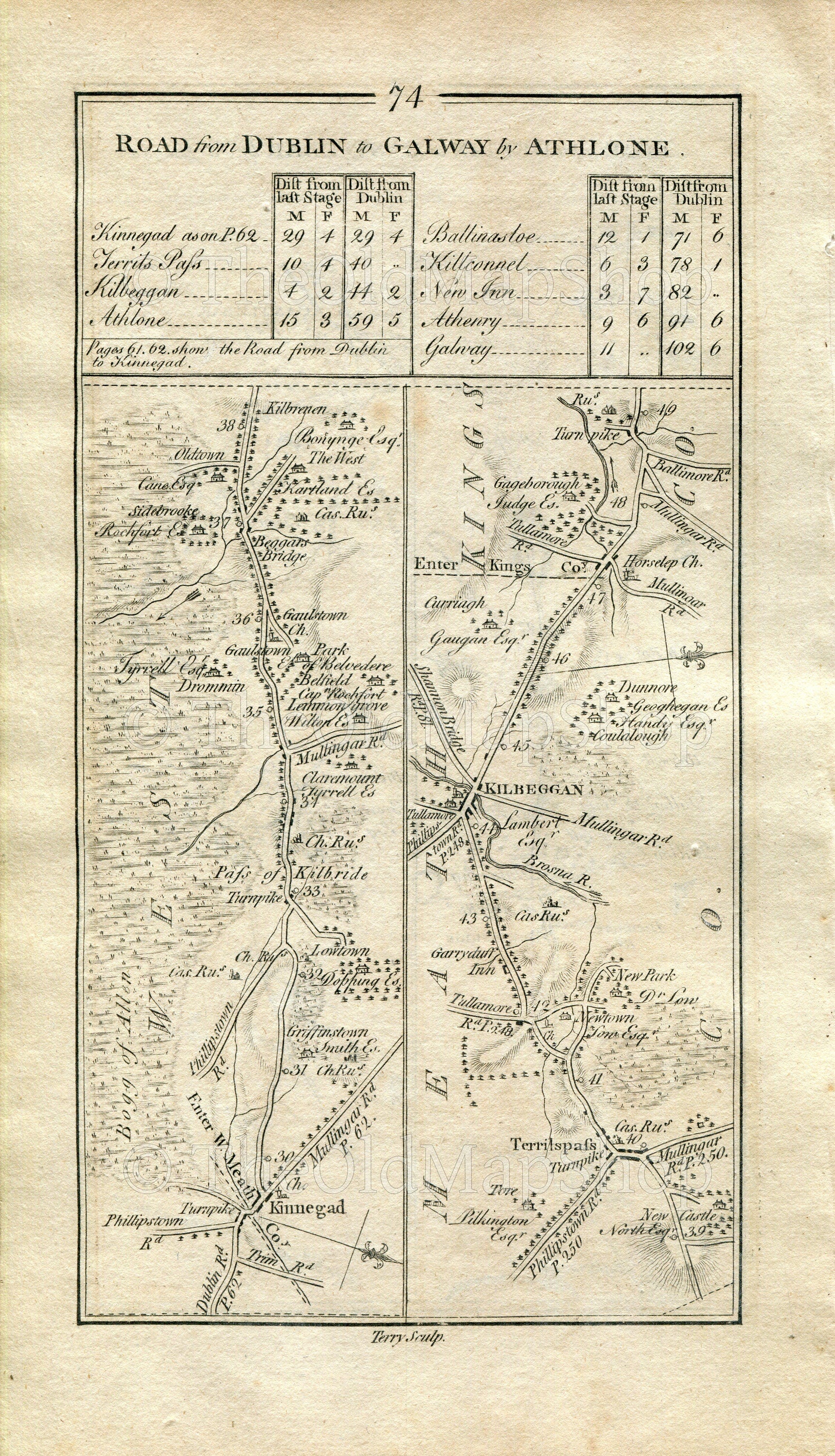 1778 Taylor & Skinner Antique Ireland Road Map 73/74 Ballyhaunis Balla Manulla Breaffy Castlebar Kinnegad Tyrrellspass Kilbeggan Horseleap