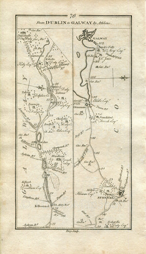 1778 Taylor & Skinner Antique Ireland Road Map 75/76 Moate Athlone Ballinasloe Aughrim Kilconnell Woodlawn Athenry Oranmore Galway