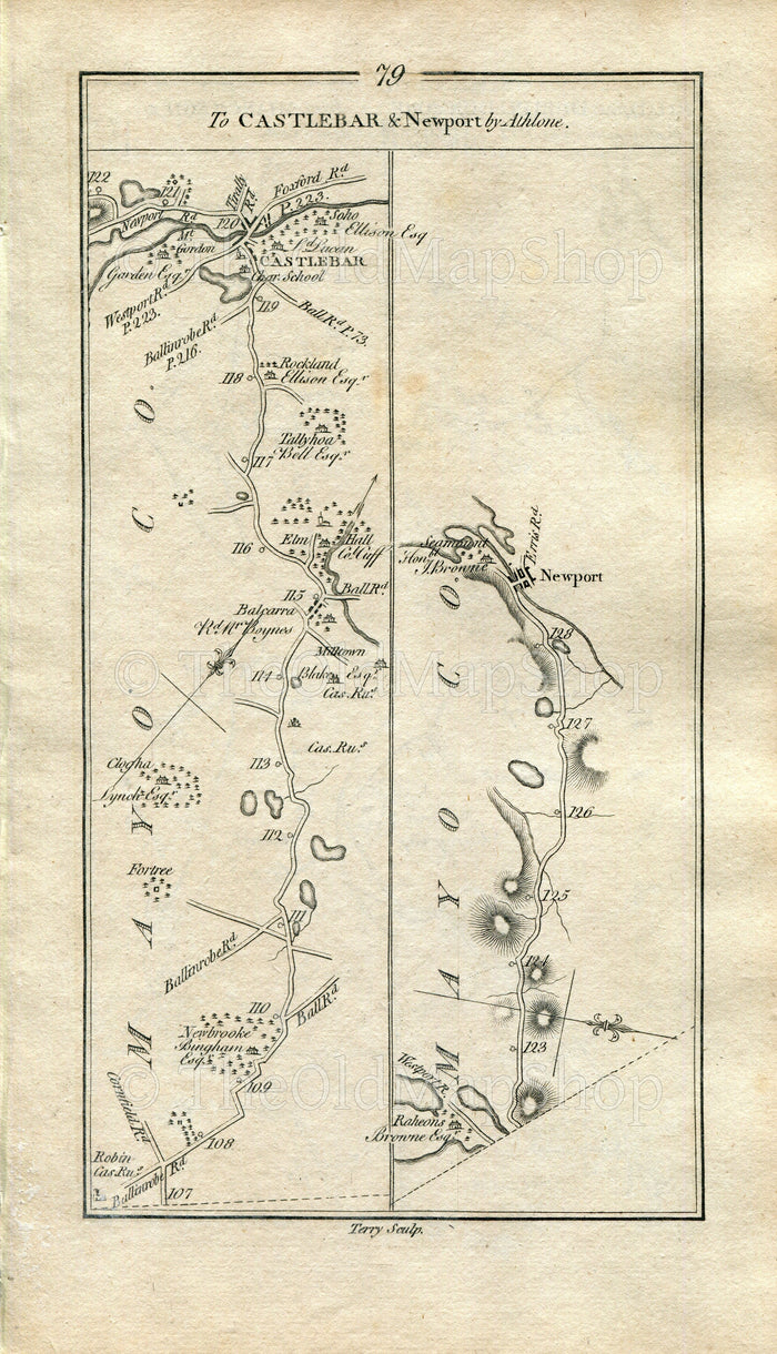 1778 Taylor & Skinner Antique Ireland Road Map 79/80 Castlebar Ballinamore Bridge Newforest Dunmore Ahascragh Caltra Mountbellew Moylough