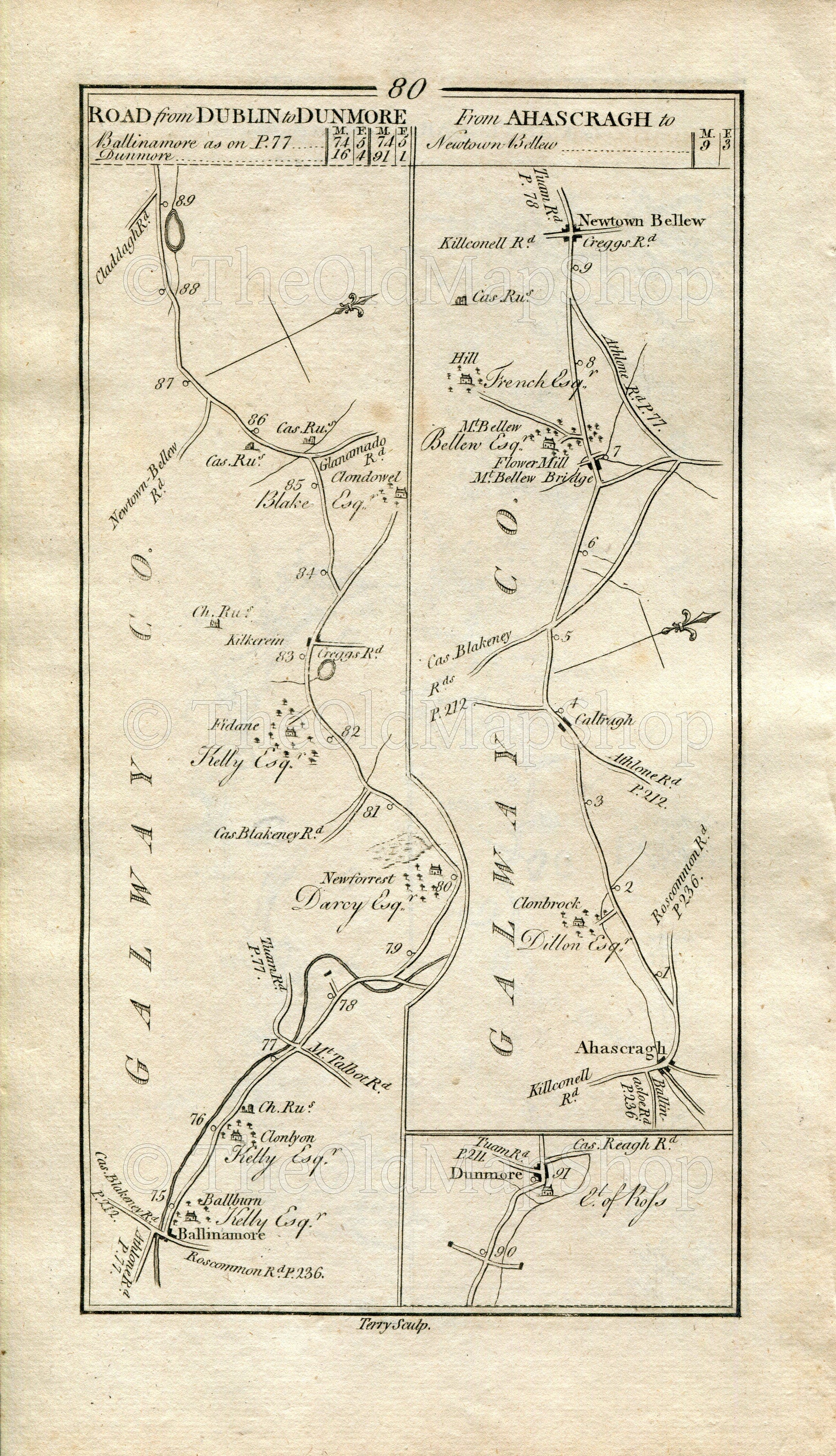 1778 Taylor & Skinner Antique Ireland Road Map 79/80 Castlebar Ballinamore Bridge Newforest Dunmore Ahascragh Caltra Mountbellew Moylough