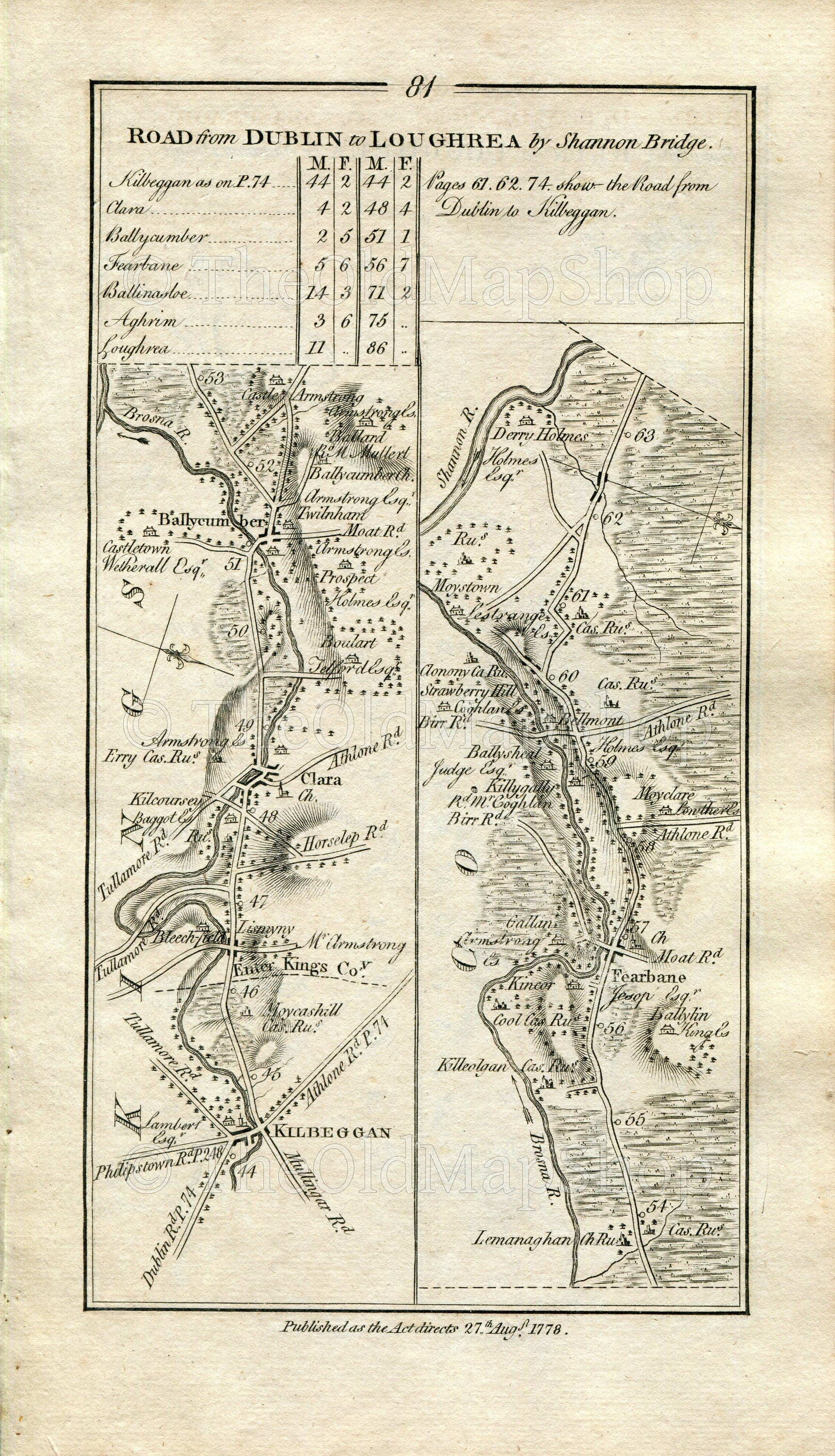 1778 Taylor & Skinner Antique Ireland Road Map 81/82 Kilbeggan Ferbane Belmont Clonony Moystown Shannonbridge Ballinasloe Aughrim Loughrea