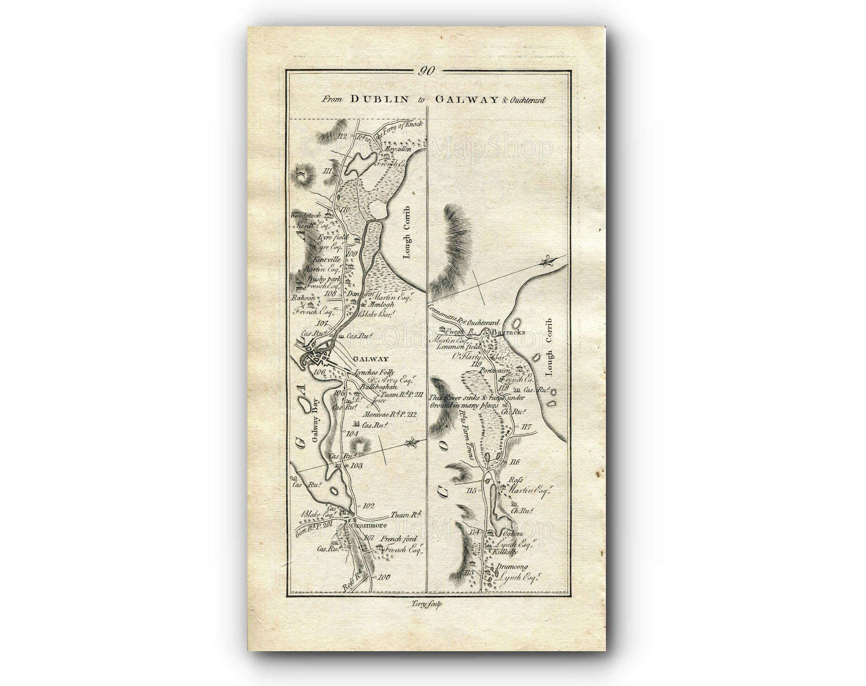 1778 Taylor & Skinner Antique Ireland Road Map 89/90 Loughrea Craughwell Moyvilla Athenry Oranmore Galway Moycullen Oughterard Aughnaure