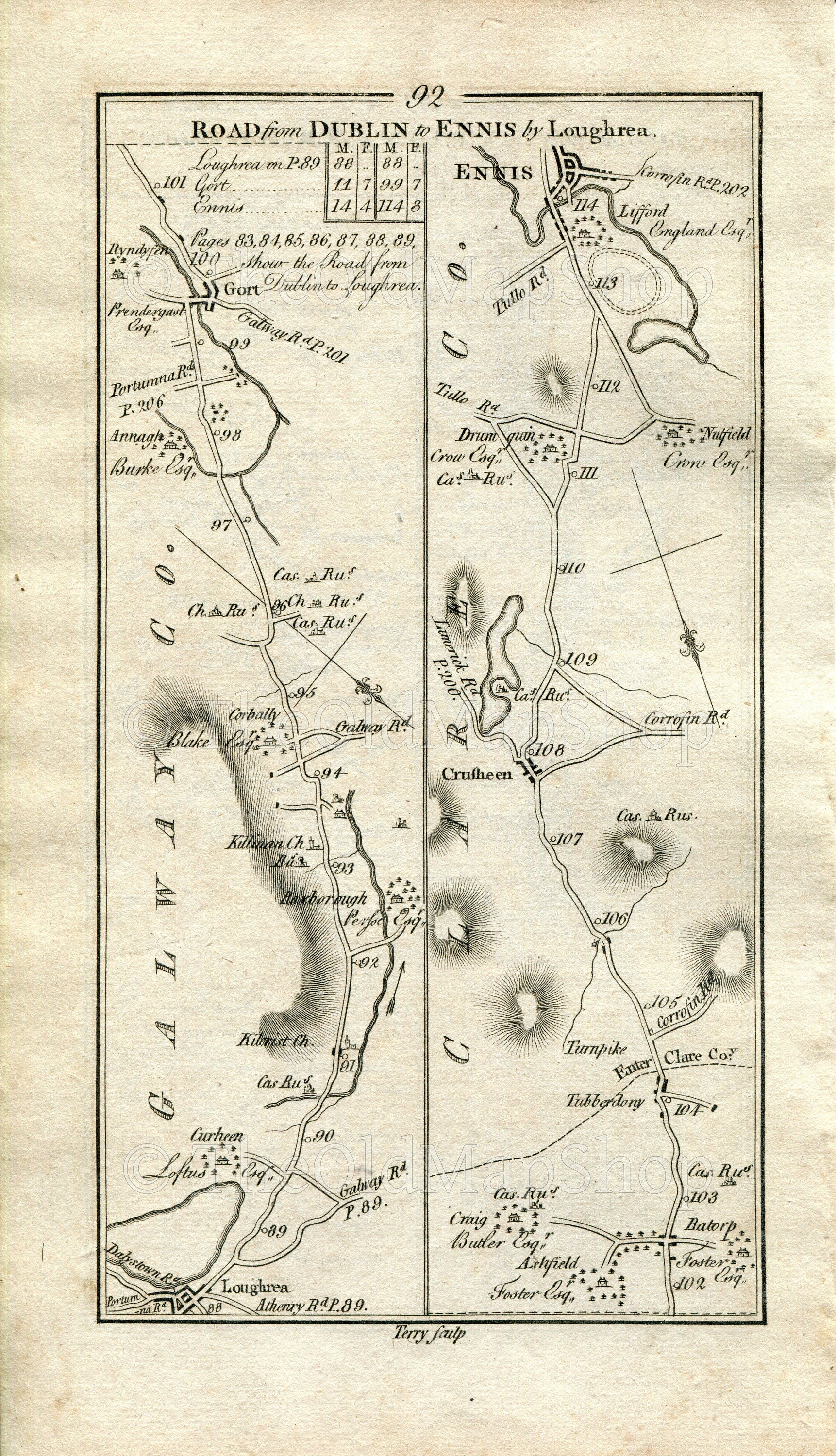 1778 Taylor & Skinner Antique Ireland Road Map 91/92 Dublin Palmerstown Kilcock Ginnets Knightsbrook Kilchreest Gort Tubber Crusheen Ennis