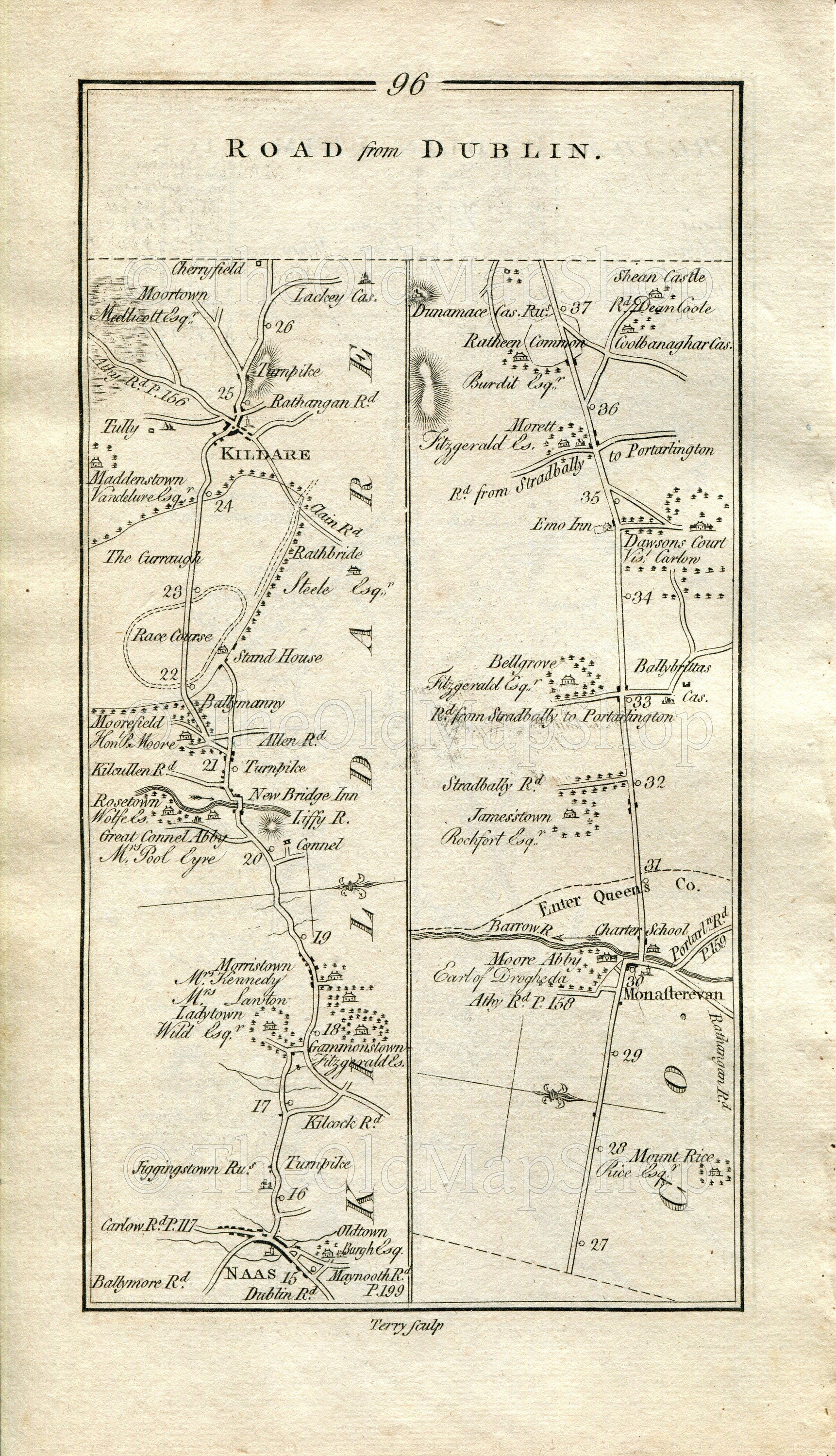 1778 Taylor & Skinner Antique Ireland Road Map 95/96 Dublin Rathcoole Johnstown Naas Newbridge The Curragh Kildare Monasterevin Emo Court