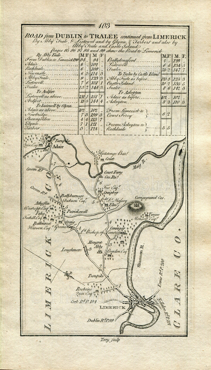 1778 Taylor & Skinner Antique Ireland Road Map 103/104 Limerick Patrickswell Ballybronogue Adare Askeaton Rathkeale Croagh Amigan Lismakeera