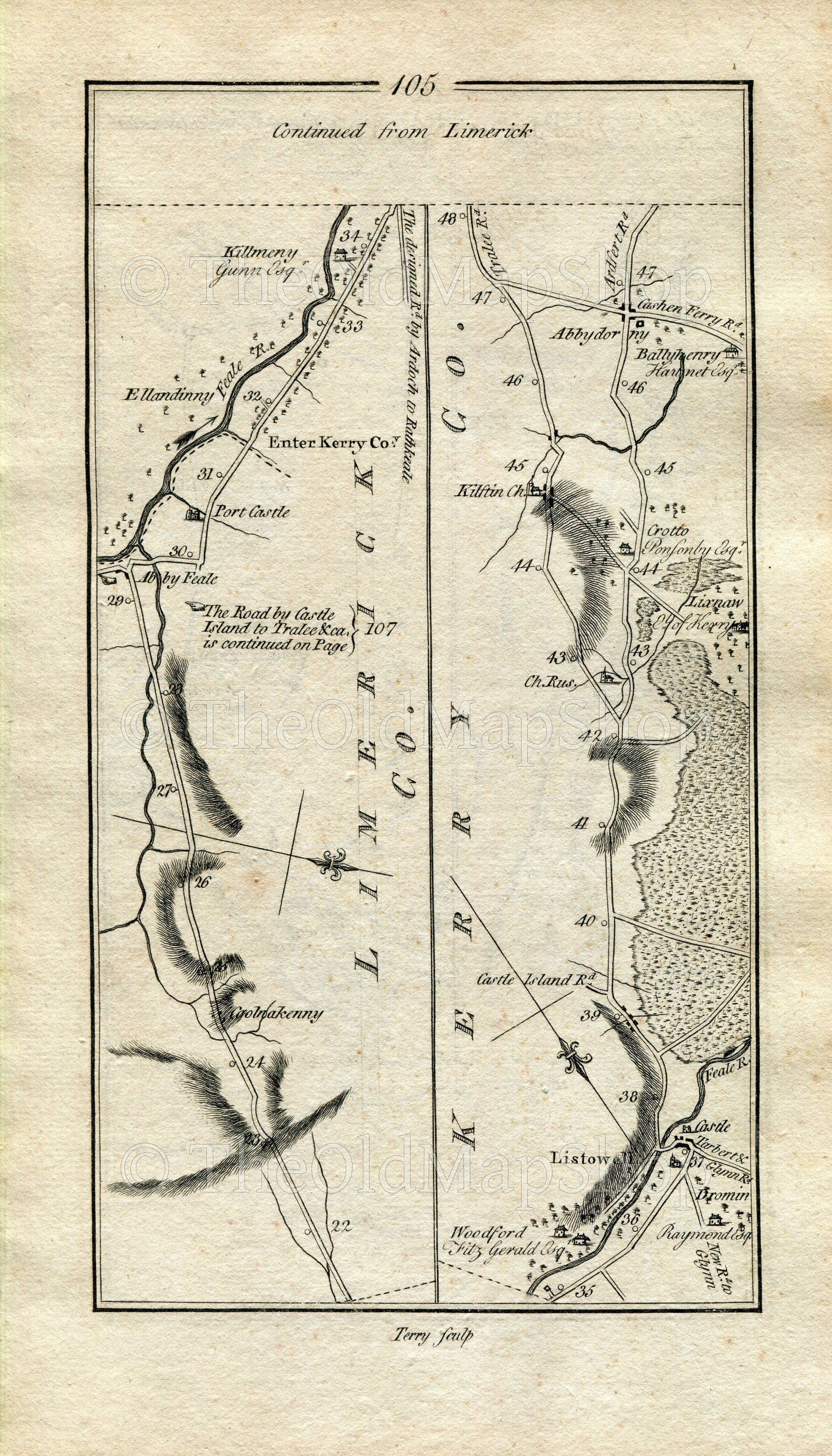 1778 Taylor & Skinner Antique Ireland Road Map 105/106 Kilmorna Drumquin Tralee Ardfert Shanagolden Cappa Loghill Glin Ballylongford Tarber