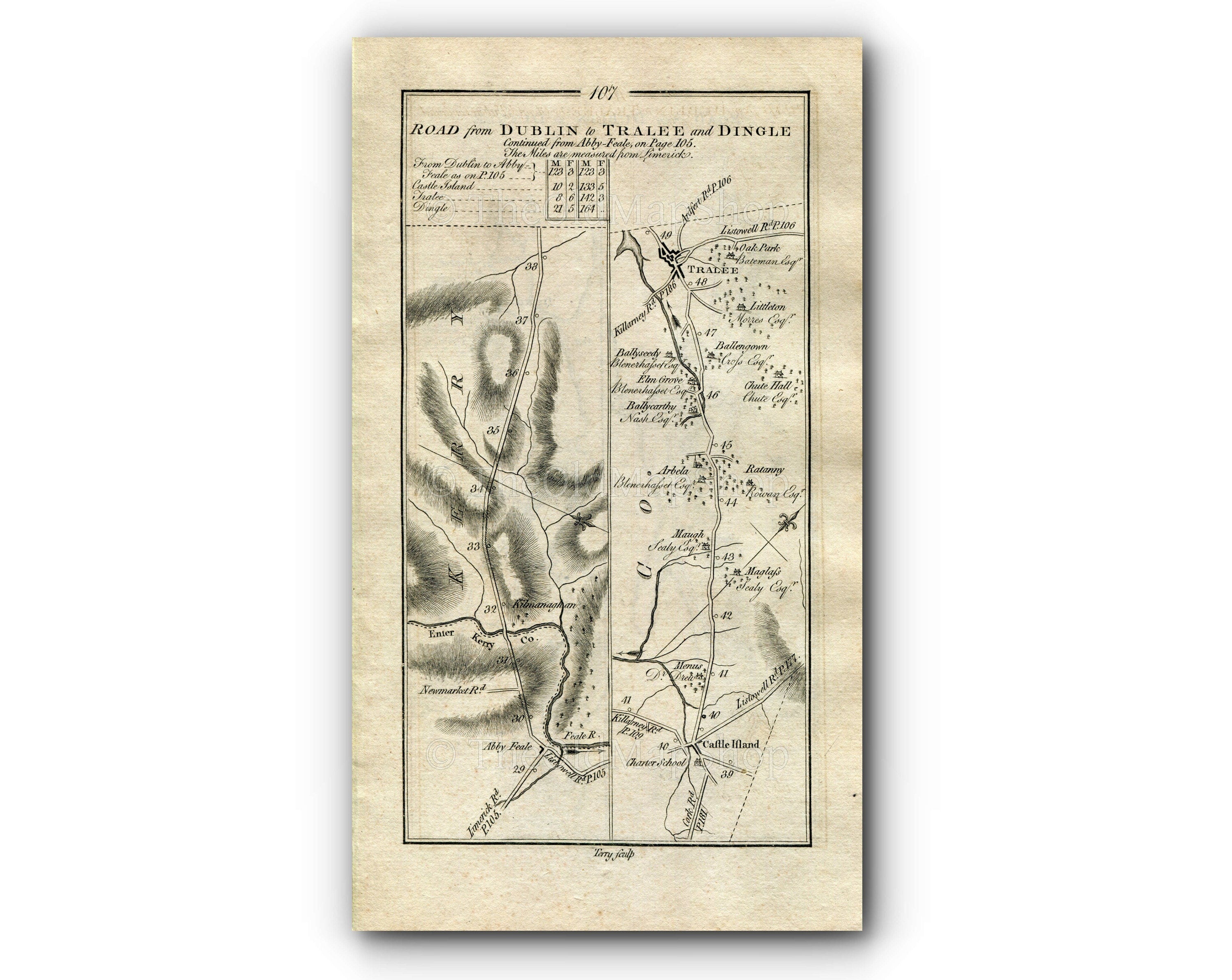 1778 Taylor & Skinner Antique Ireland Road Map 107/108 Abbeyfeale Castleisland Tralee Derrymore Kilgobbin Minard Lispole Brackluin Dingle