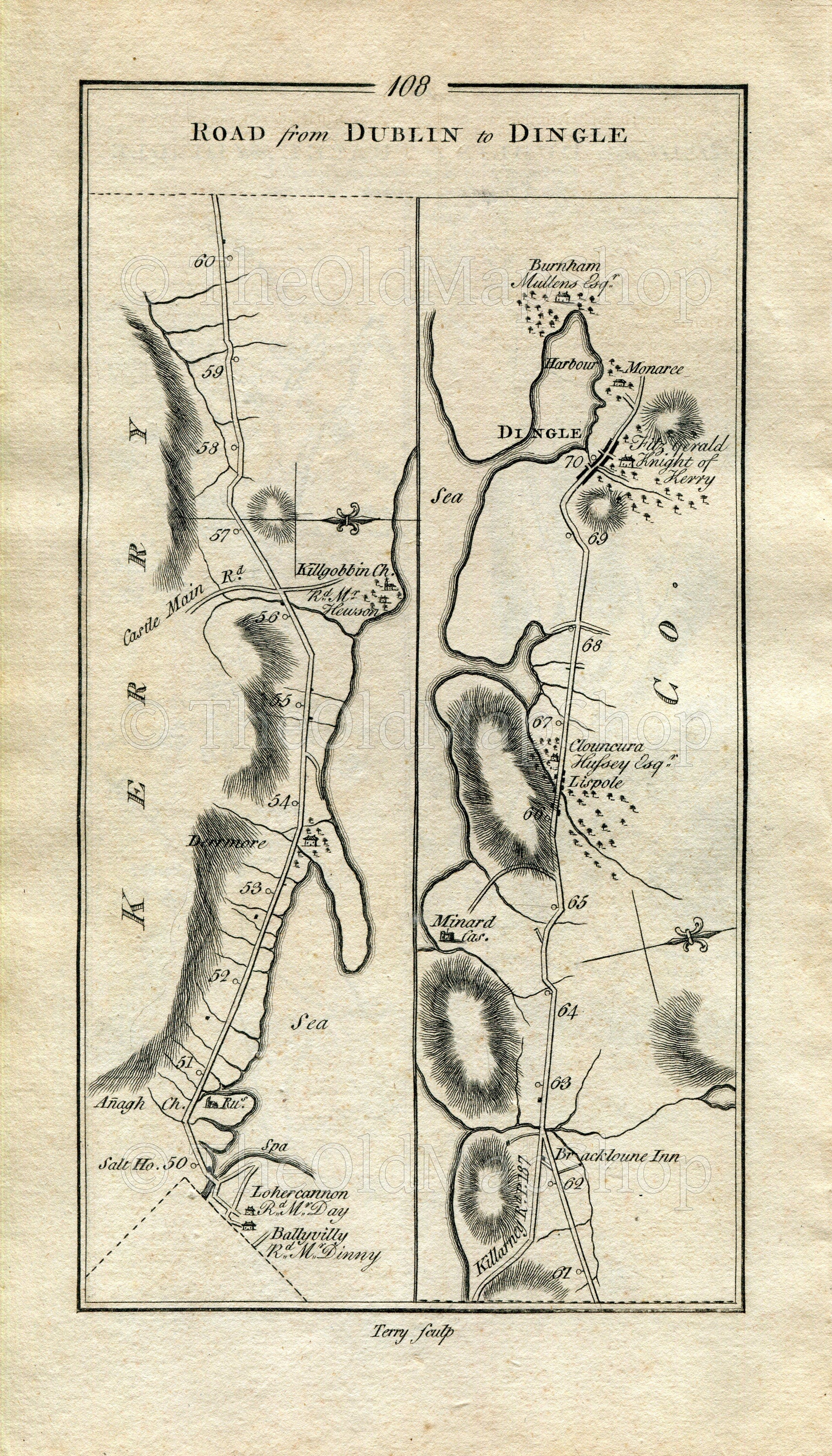 1778 Taylor & Skinner Antique Ireland Road Map 107/108 Abbeyfeale Castleisland Tralee Derrymore Kilgobbin Minard Lispole Brackluin Dingle