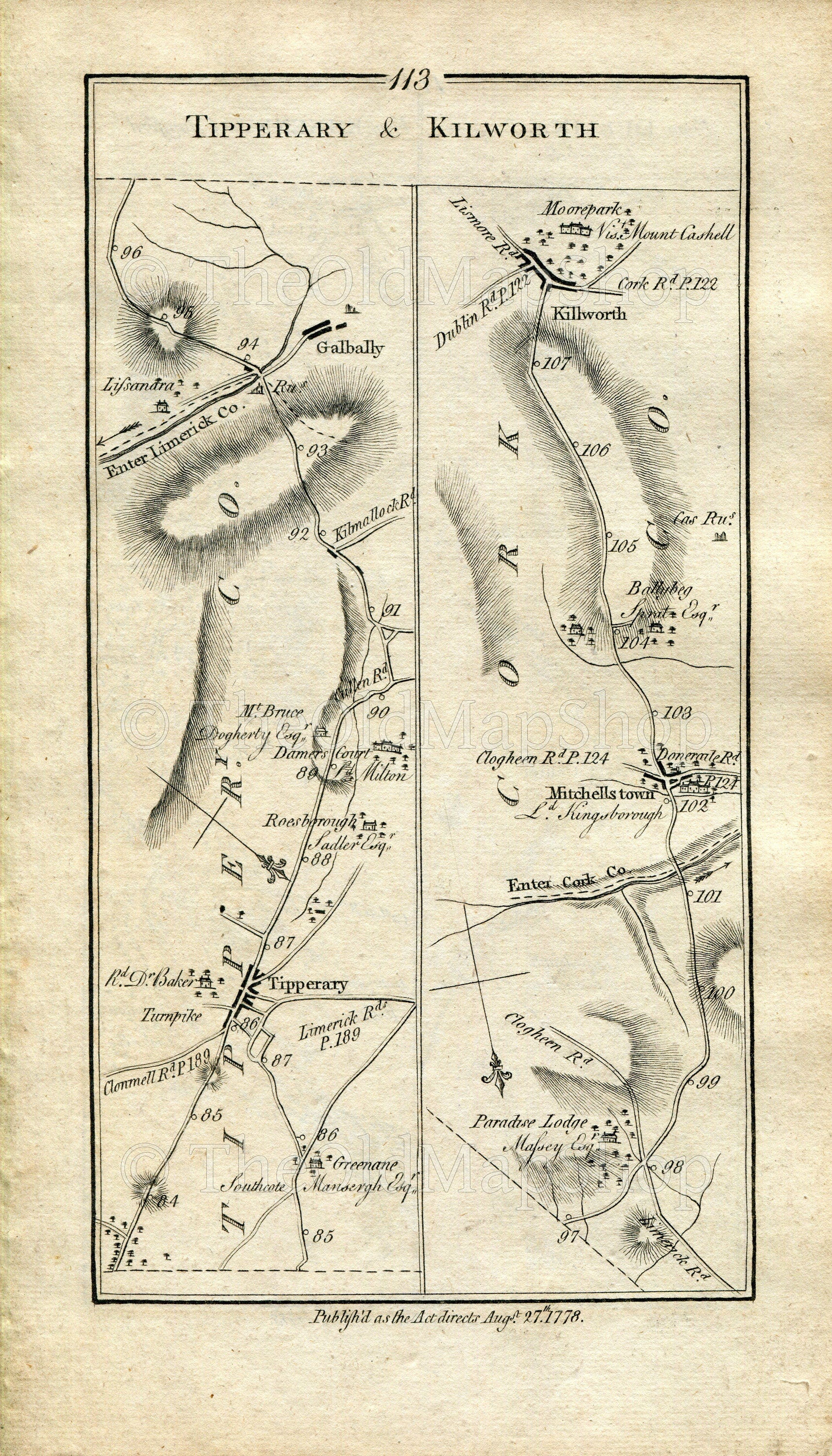 1778 Taylor & Skinner Antique Ireland Road Map 113/114 Tipperary Galbally Mitchelstown Kilworth Cahir Clogheen Kilkenny Freshford Urlingford
