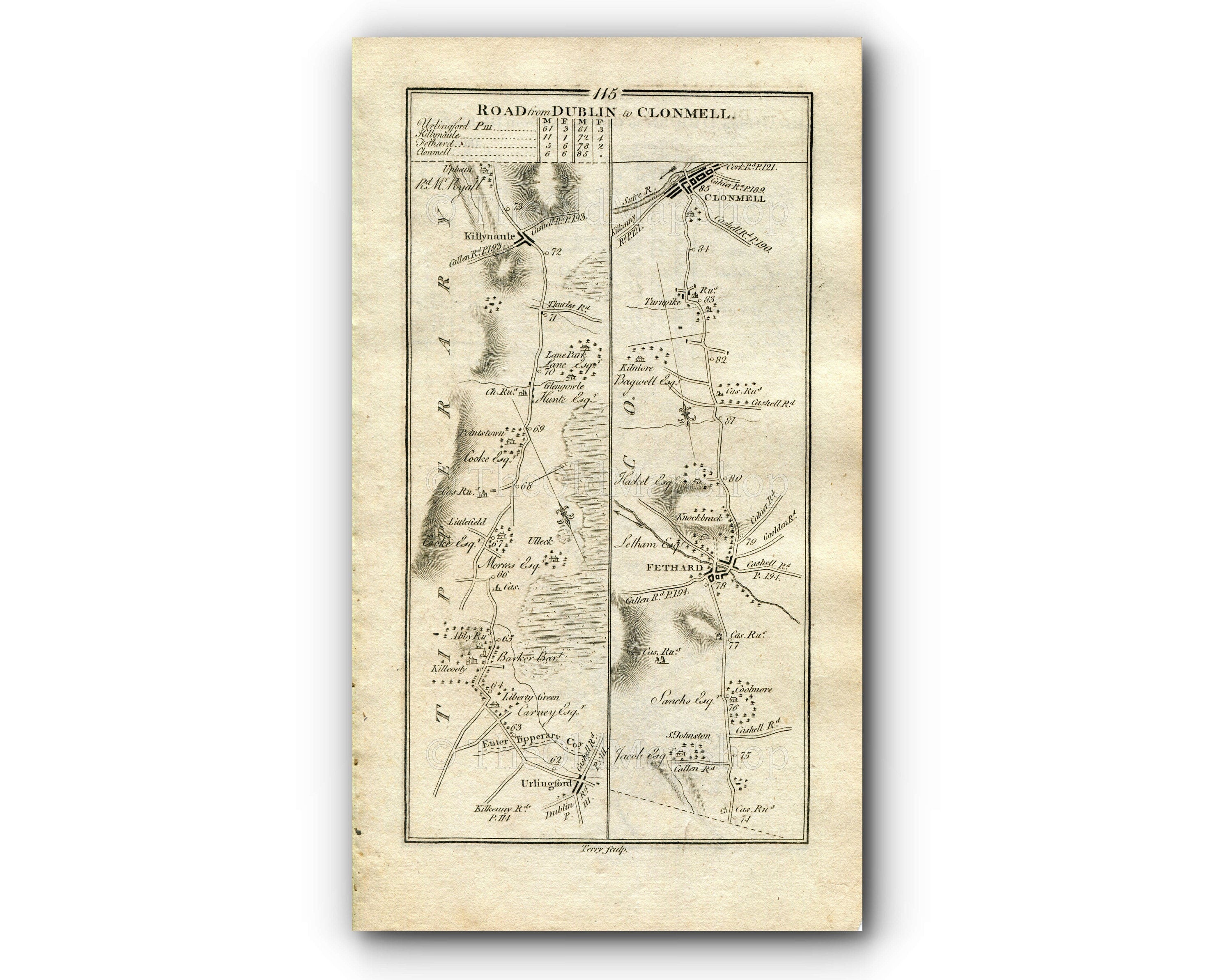 1778 Taylor & Skinner Antique Ireland Road Map 115/116 Urlingford Kilcooley Killenaule Fethard Clonmel Dublin Clondalkin Newlands Tipperary